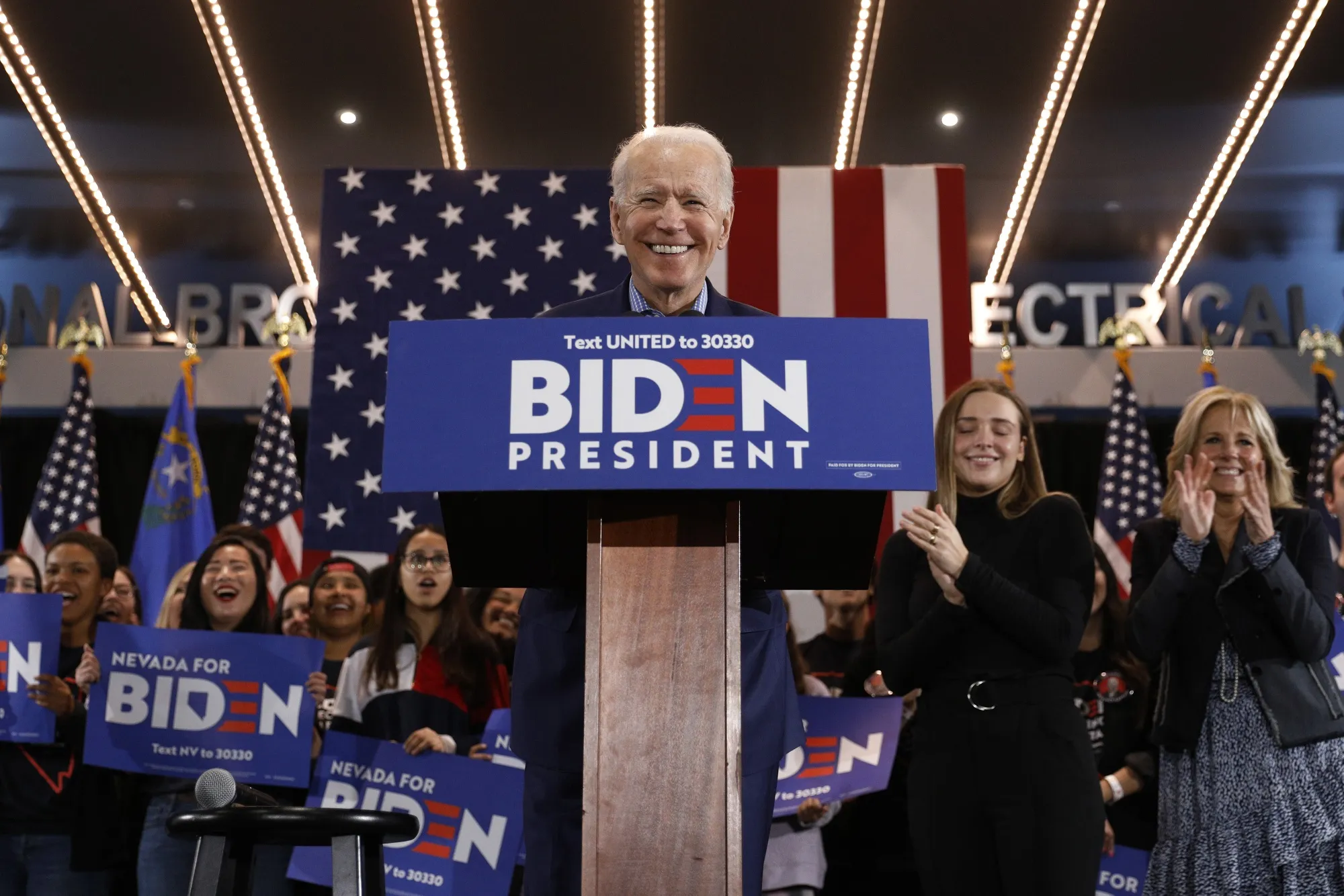 Joe Biden&nbsp;speaks during a caucus night rally in Las Vegas, Nevada, on Feb. 22.&nbsp;