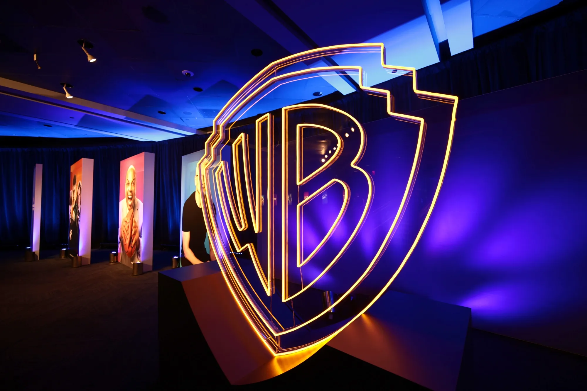 Signage at a Warner Bros. Discovery Upfront event in New York.