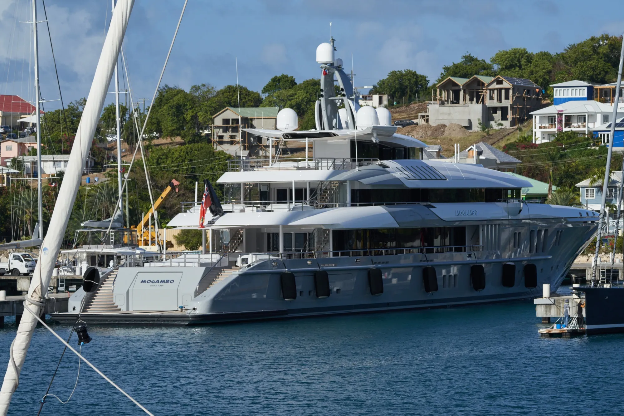 A yacht docked in Falmouth Harbour, Antigua
