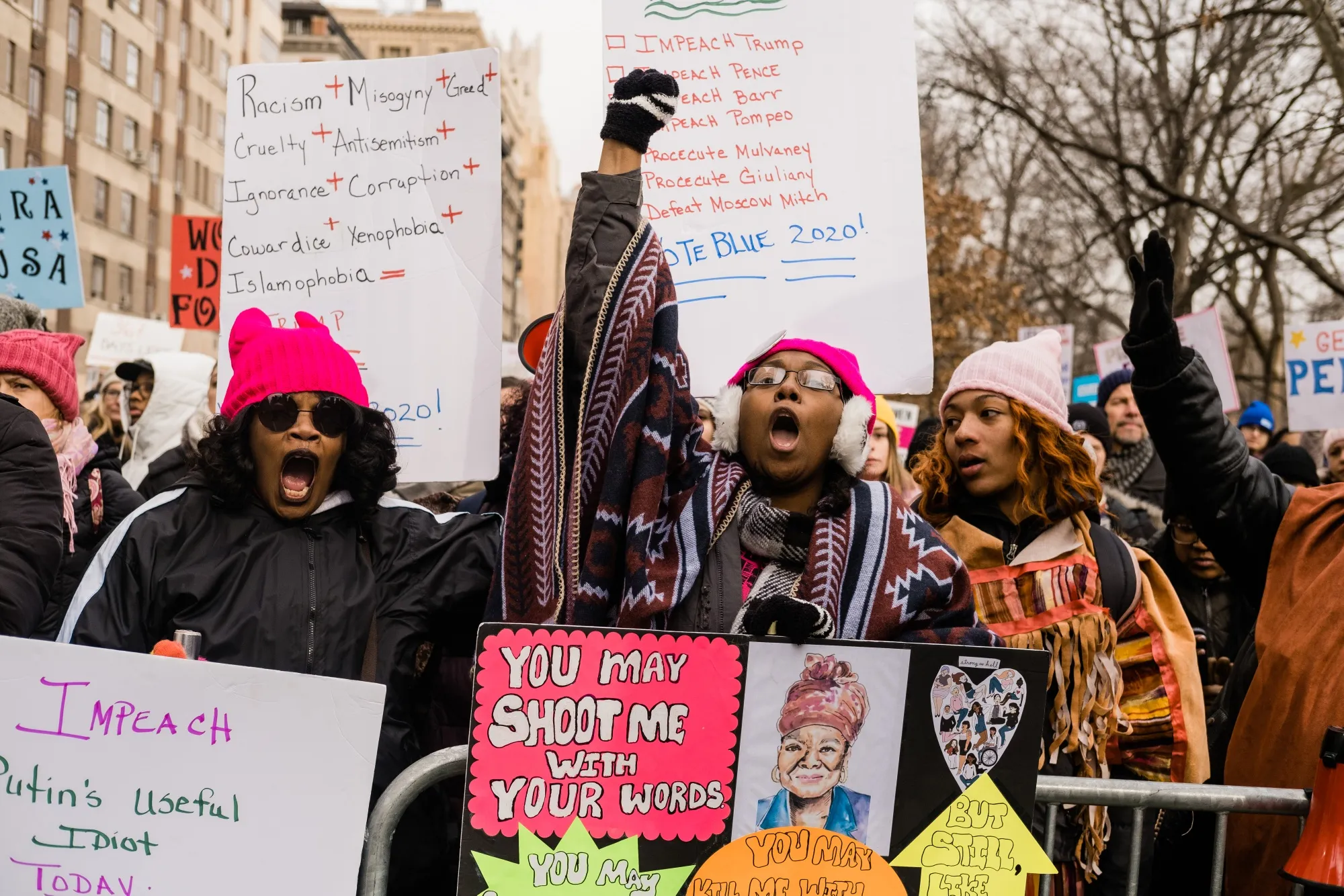 Demonstrators hold signs and chant during the fourth annual Women's March near Columbus Circle in New York, U.S., on&nbsp;Jan. 18.