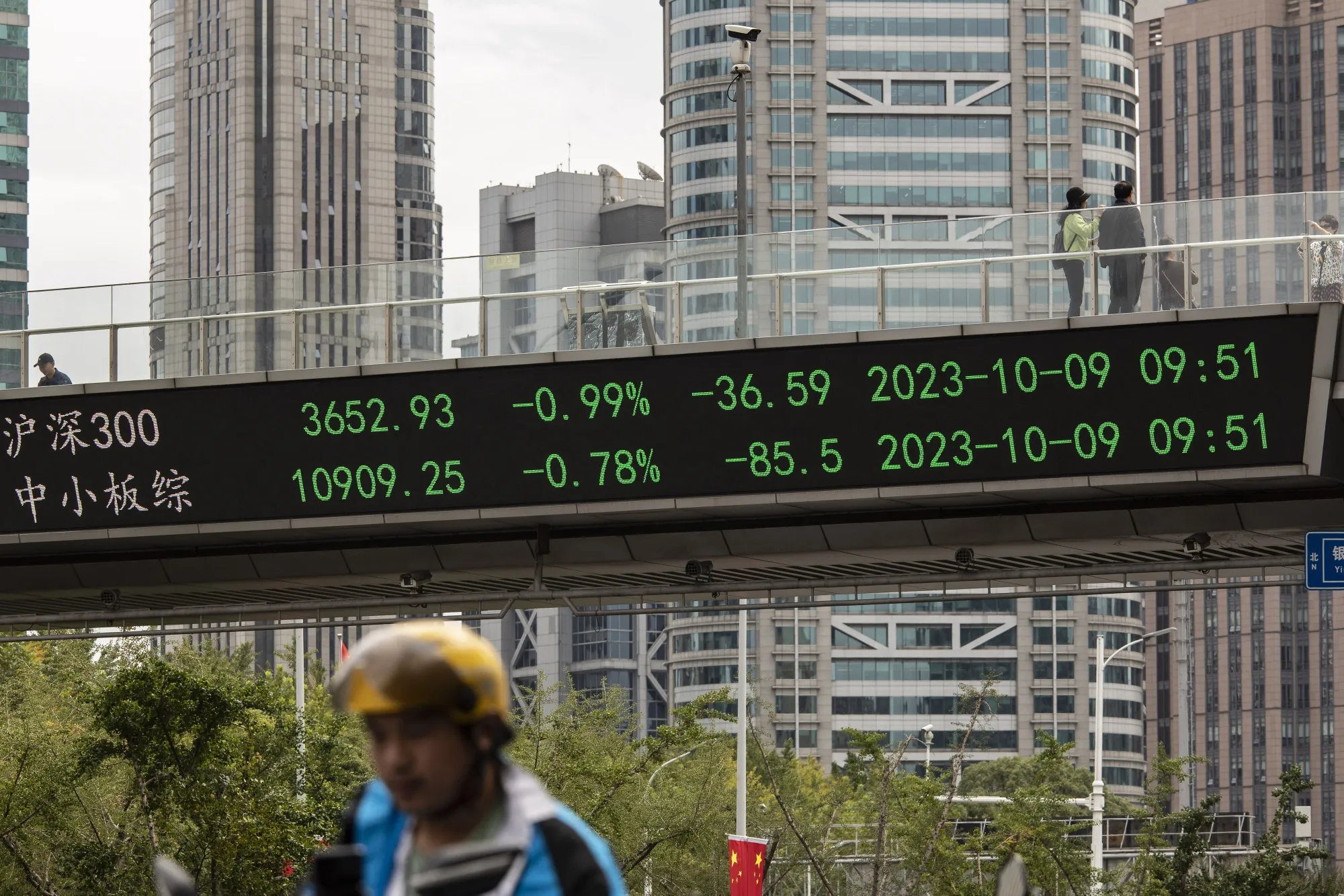 An electronic ticker displays stock figures in Pudong's Lujiazui Financial District in Shanghai on Oct. 9.