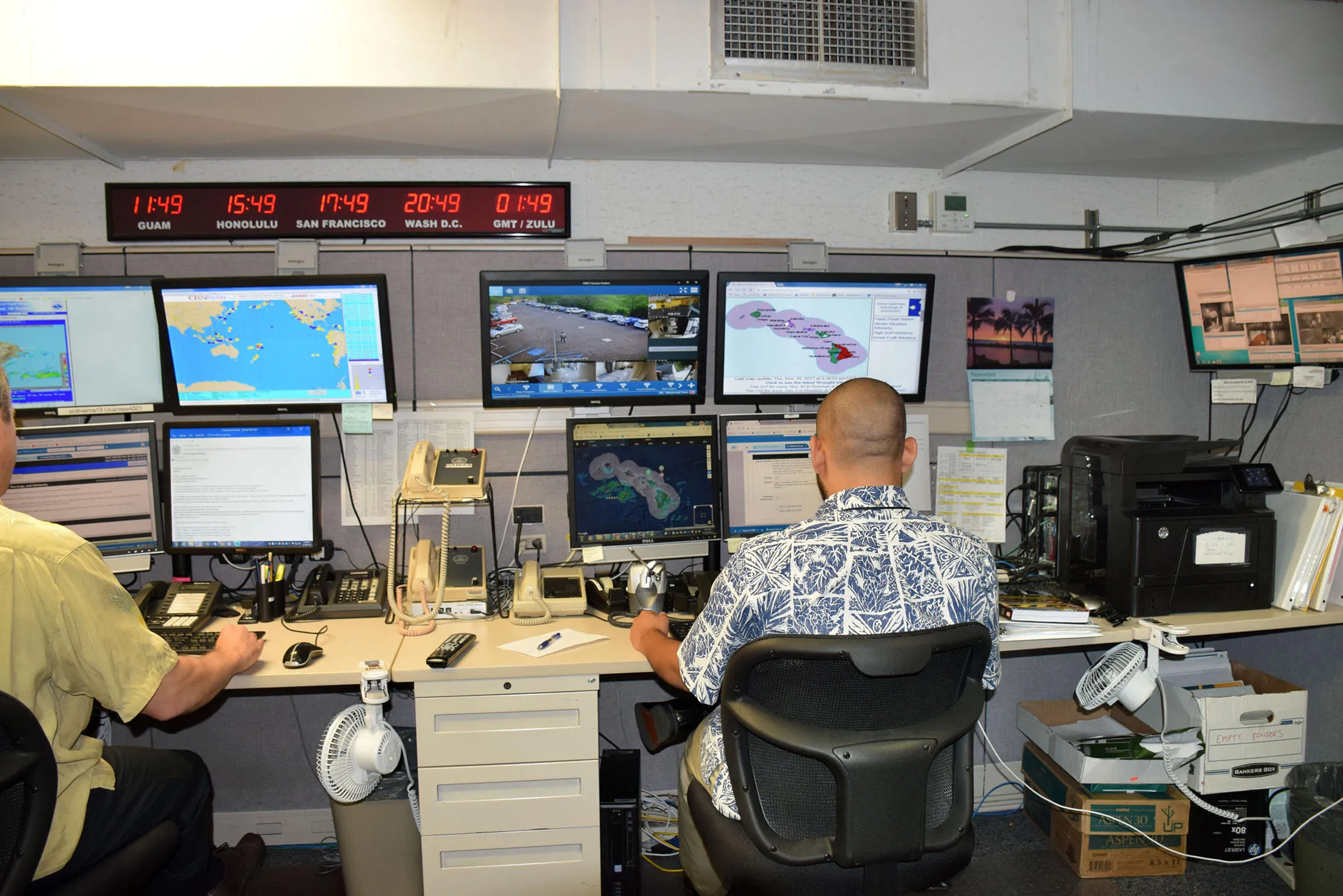 A staffer watches for disaster alerts in the Hawaii Emergency Management Agency command center in Honolulu.