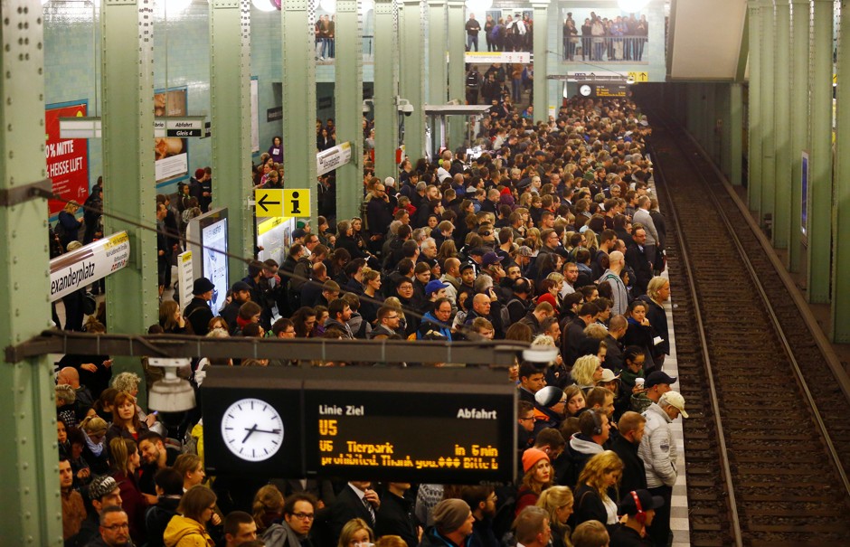 Passengers wait at a subway station in Berlin, Germany.