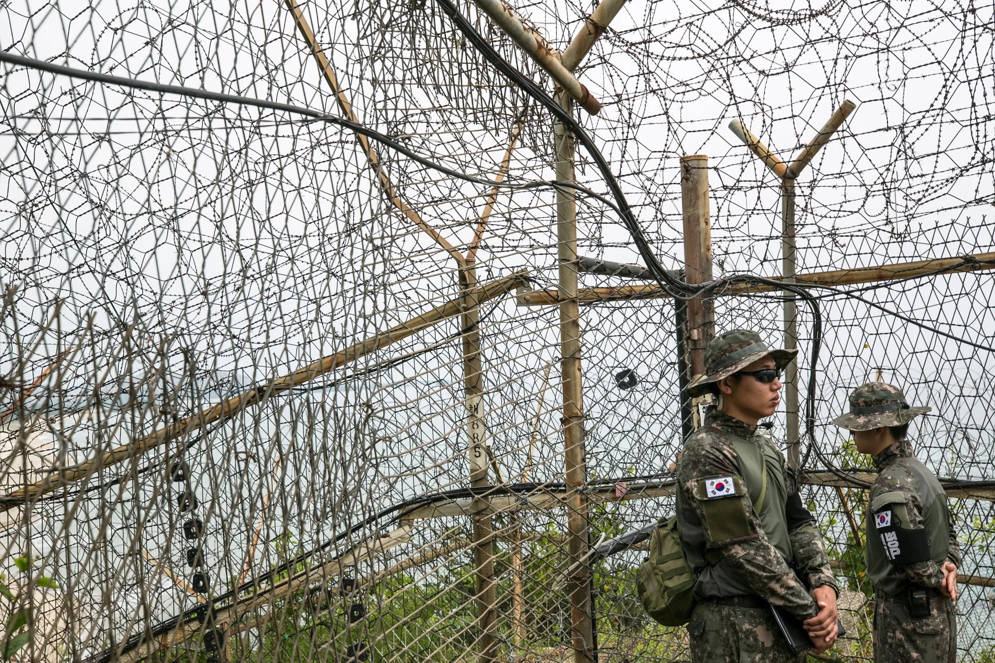 South Korean military police stand guard at the Demilitarized Zone (DMZ) Peace Trails in Goseong, South Korea.