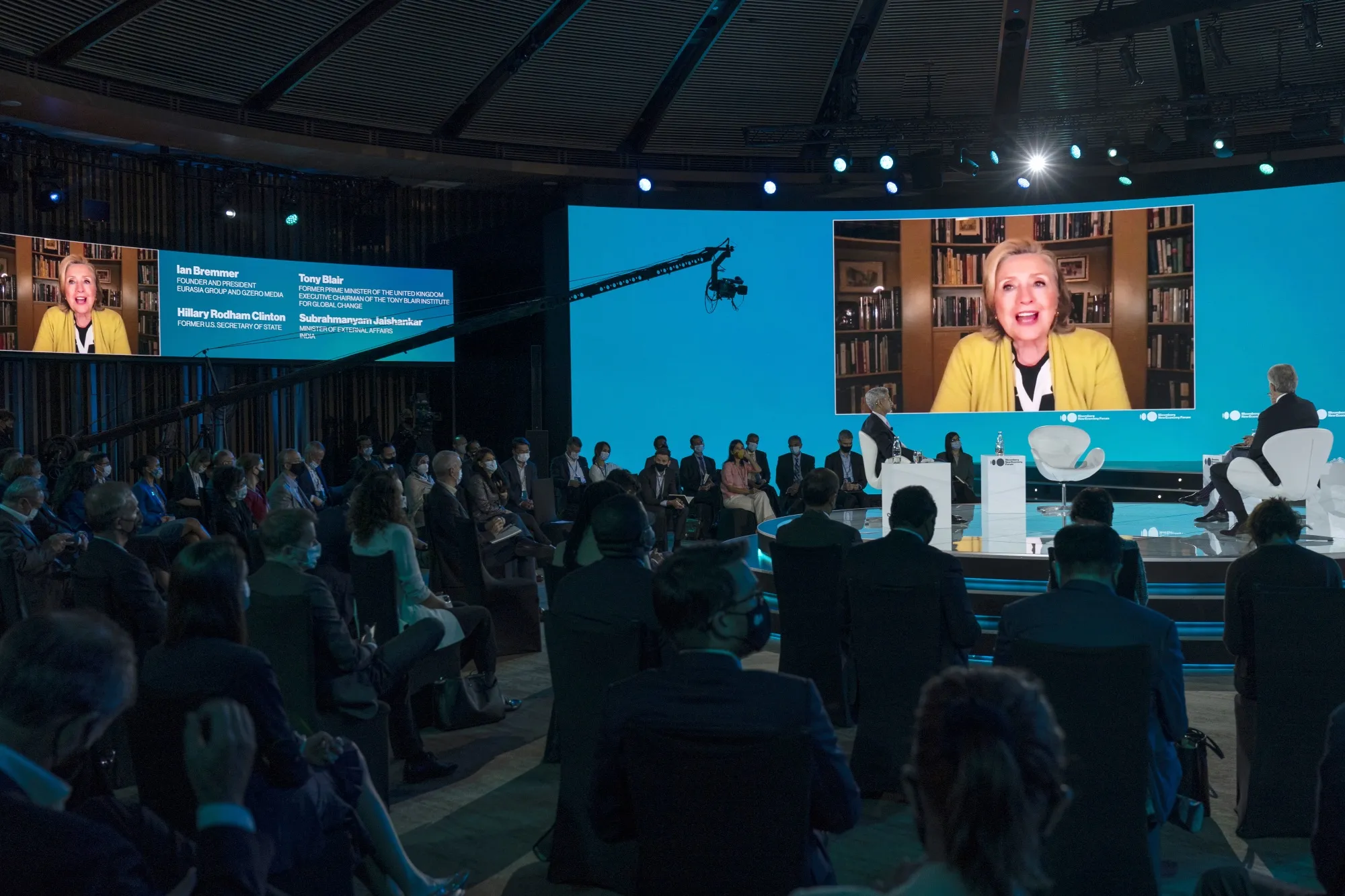Hillary Clinton speaks virtually at the New Economy Forum.