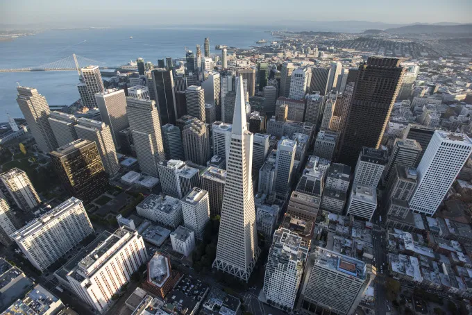 The Transamerica Pyramid building, bottom center, in San Francisco.