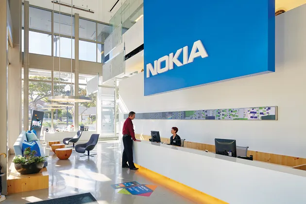 The reception area. Touchscreens scattered throughout the office track Nokia's social media buzz