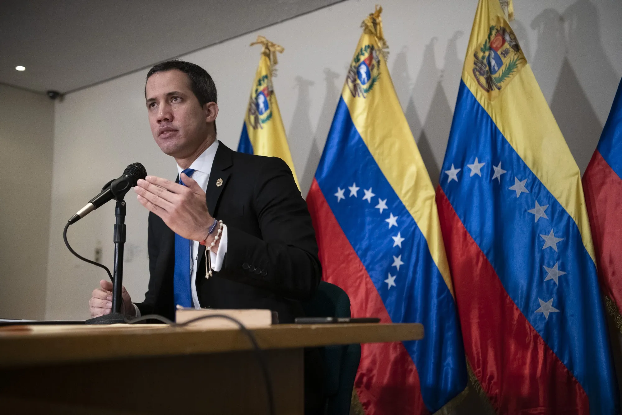 Juan Guaido, president of the National Assembly, speaks during a news conference in Caracas, Venezuela, on Saturday, Dec. 5, 2020. Guaido and the opposition boycotted the vote as neither free nor fair.