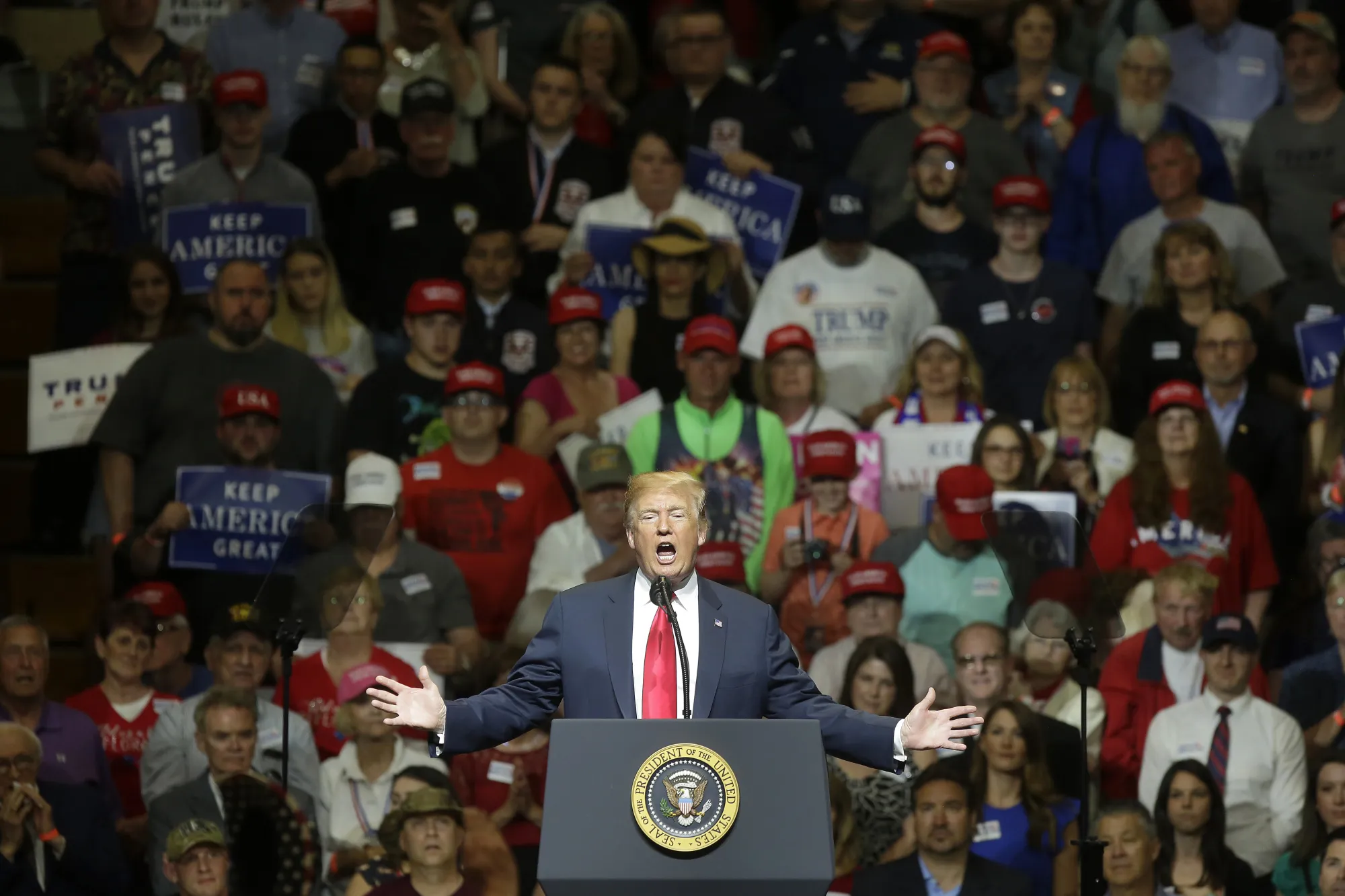 Trump speaks during a rally in Elkhart, Indiana on May 10.