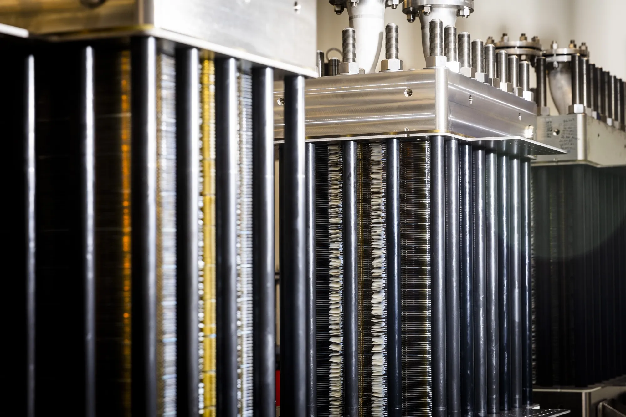 Electrolyzer stacks in the research and development area of&nbsp;Plug Power’s facility in Concord, Mass.