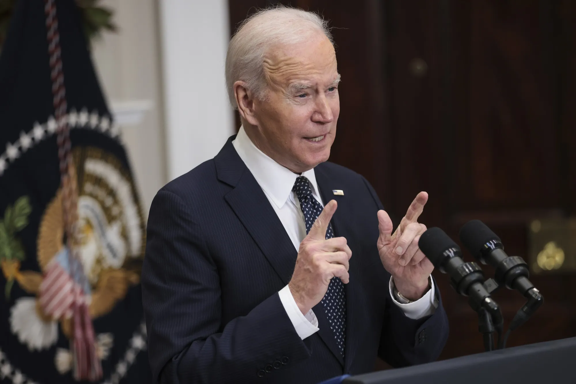Joe Biden speaks in the Roosevelt Room of the White House in Washington, D.C., on Feb. 18.