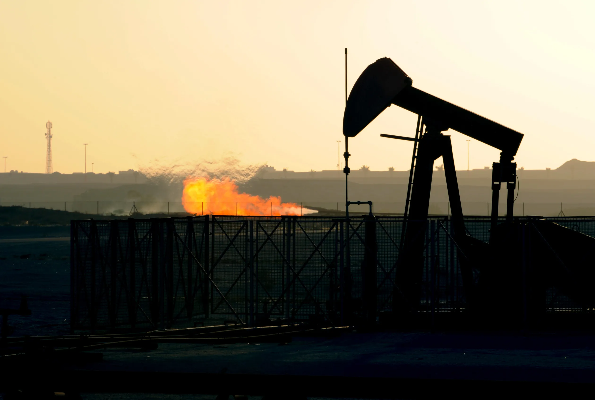 An oil pump operates in an oil field in Awali, Bahrain