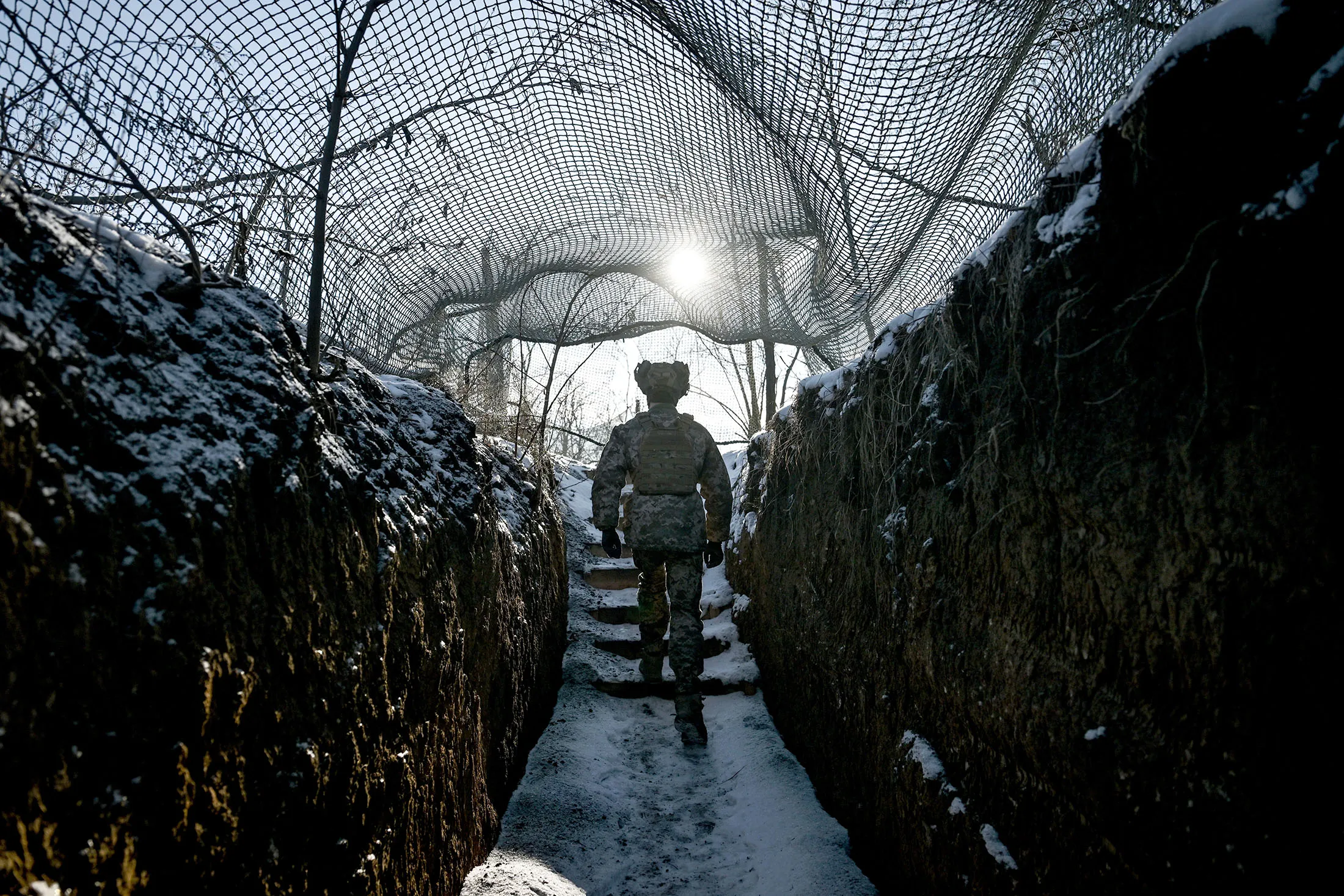 A Ukraine soldier with the 44th Separate Artillery Brigade at an outpost in the Zaporizhzhia region in February.