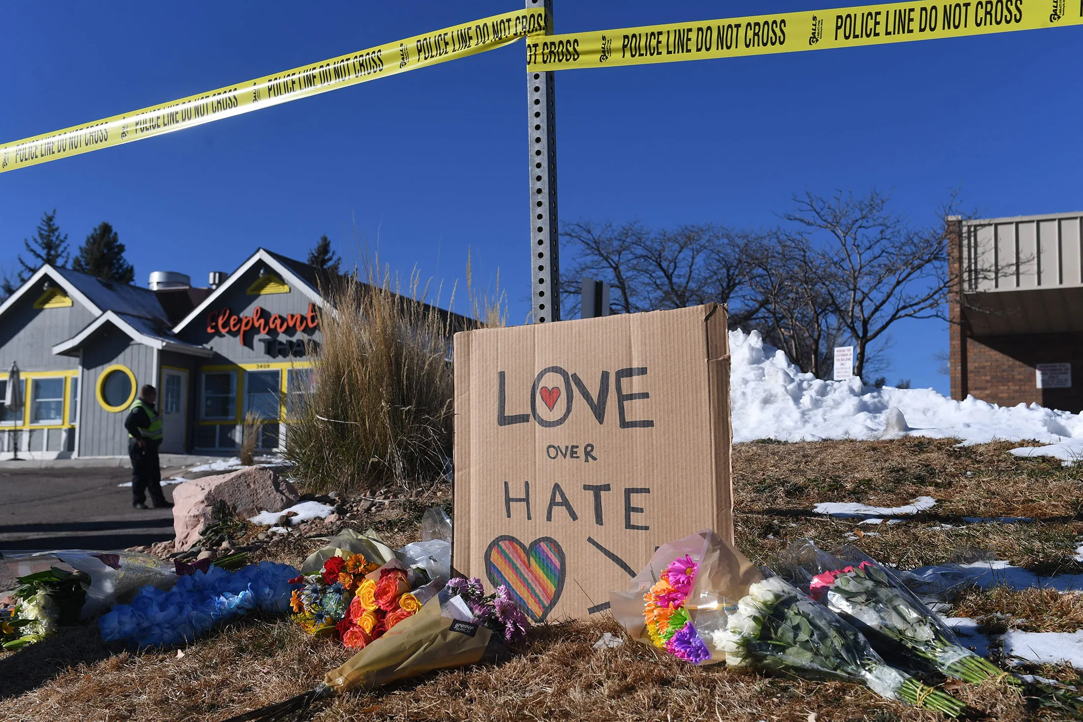 Bouquets of flowers&nbsp;left following a shooting at Club Q&nbsp;in Colorado Springs, Colorado, on Nov. 20.