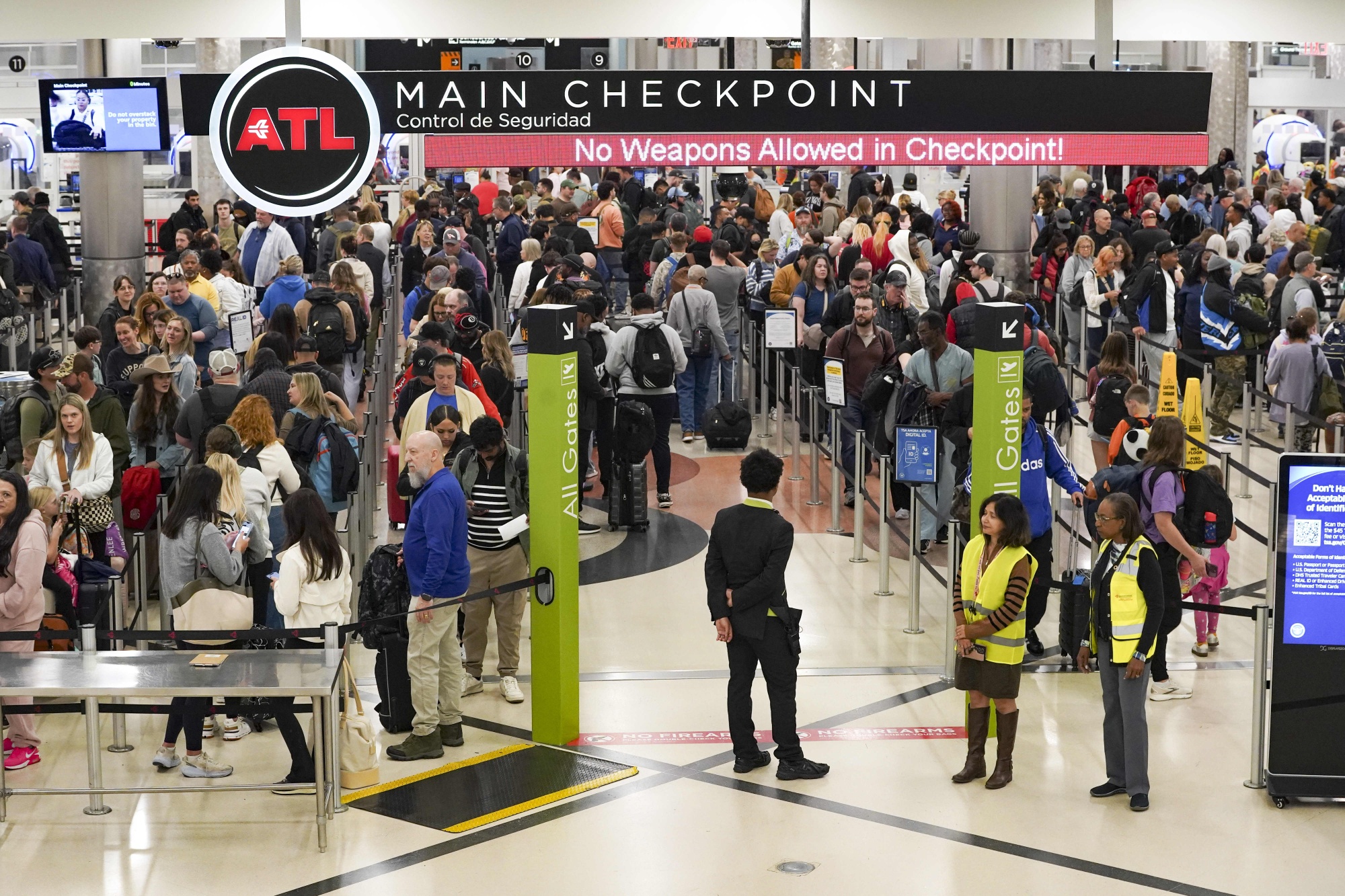 ATLANTA, GEORGIA - MARCH 16: Travelers wait in long lines at Hartsfield-Jackson Atlanta International Airport on March 16, 2026 in Atlanta, Georgia. The disruption is due to the continuing government shutdown and inclement weather that hit the east coast this morning causing many flights to be canceled or delayed. (Photo by Megan Varner/Getty Images)