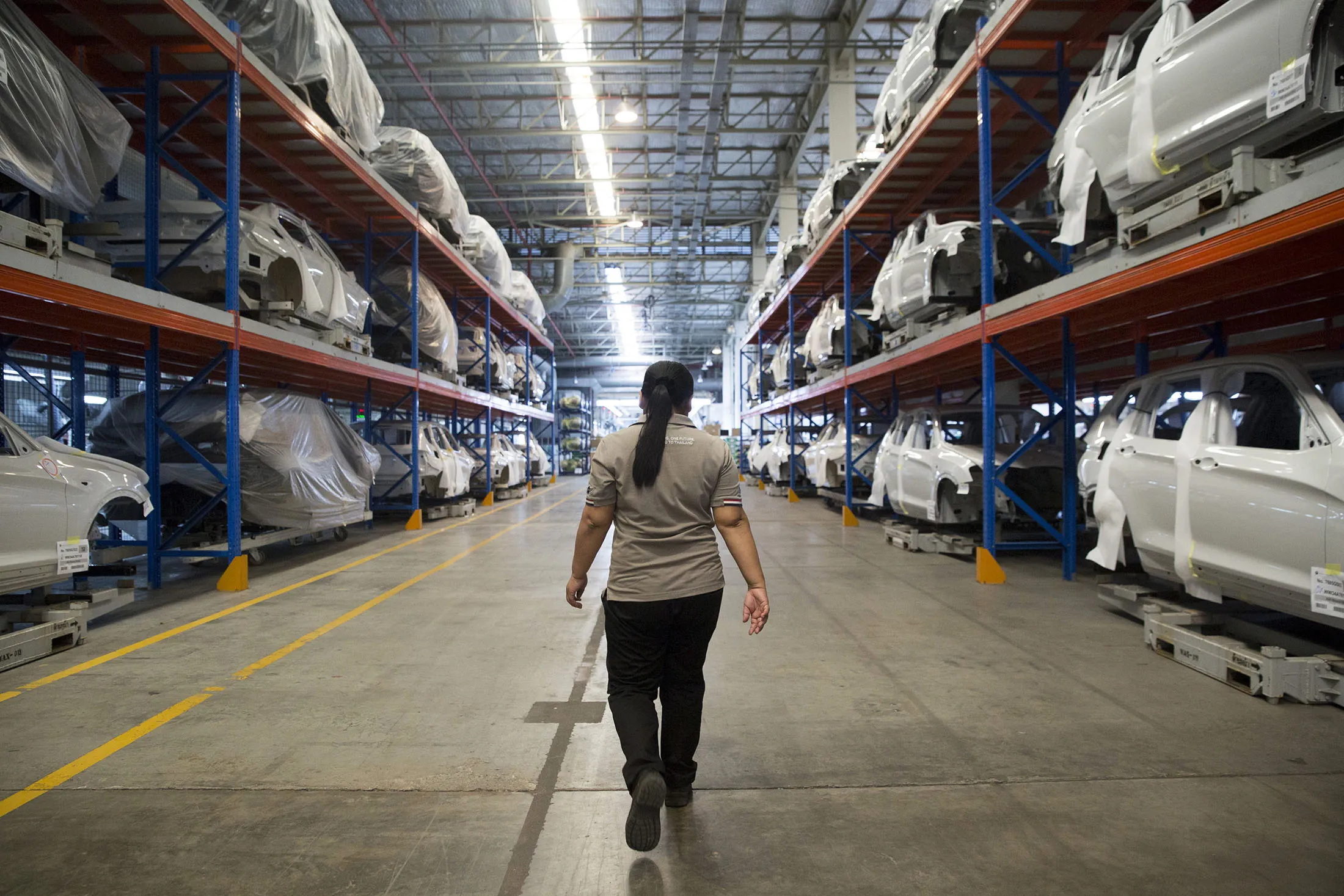 Shells of &nbsp;BMW 's X5&nbsp;SUVs&nbsp;stacked in a warehouse at the company's&nbsp;assembly plant in Rayong province, Thailand.

