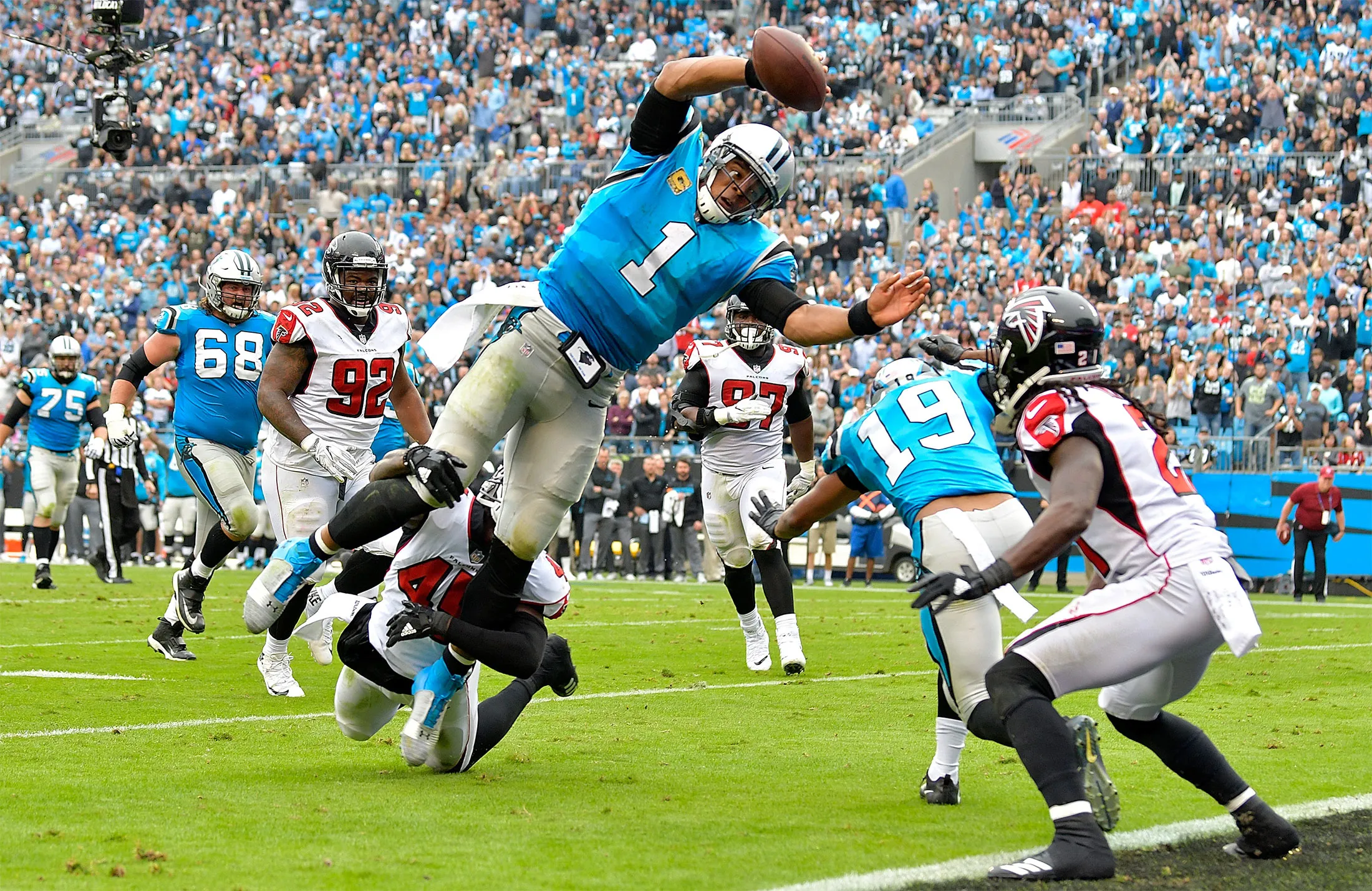 Cam Newton #1 of the Carolina Panthers dives into the end zone for a touchdown&nbsp;against the Atlanta Falcons&nbsp;on Nov. 5, 2017 in Charlotte, North Carolina.