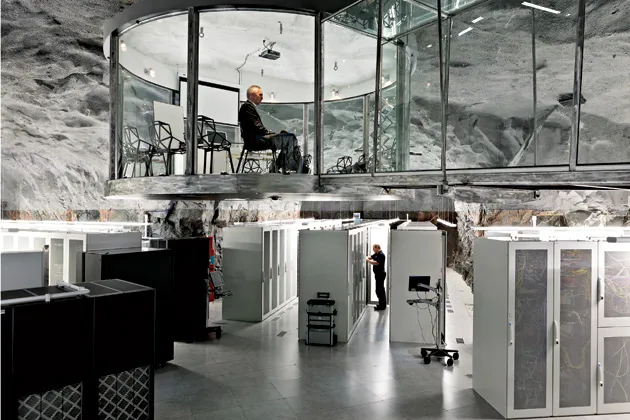 A soundproof conference room floats over caverns that previously housed emergency vehicles