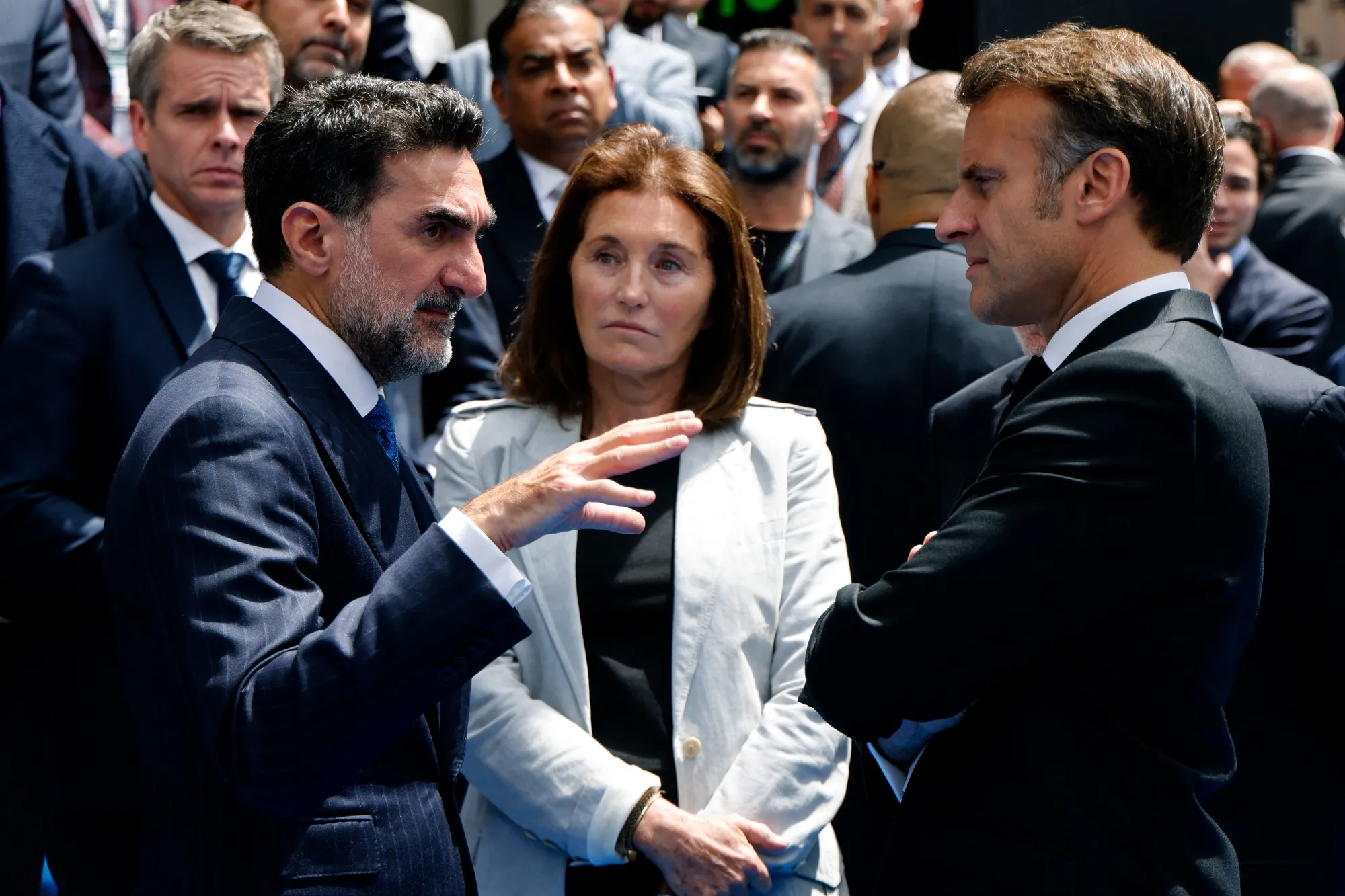 Yasir al-Rumayyan, left, and Emmanuel Macron, at the Future Investment Initiative Priority Europe Summit in Tirana, Albania, on May 17.
