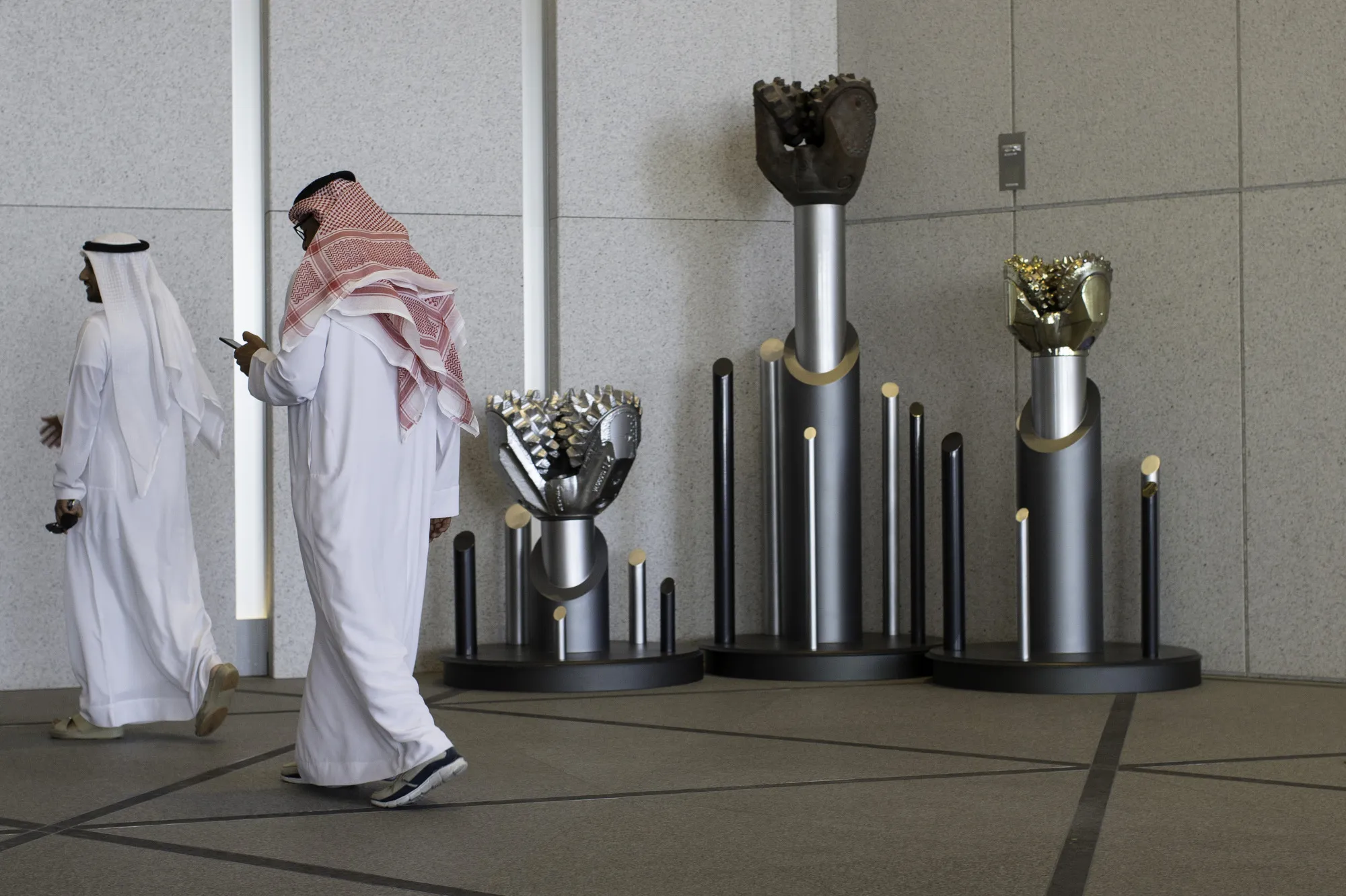 Drilling bits in the lobby of the Abu Dhabi National Oil Company (ADNOC) headquarters in Abu Dhabi.
