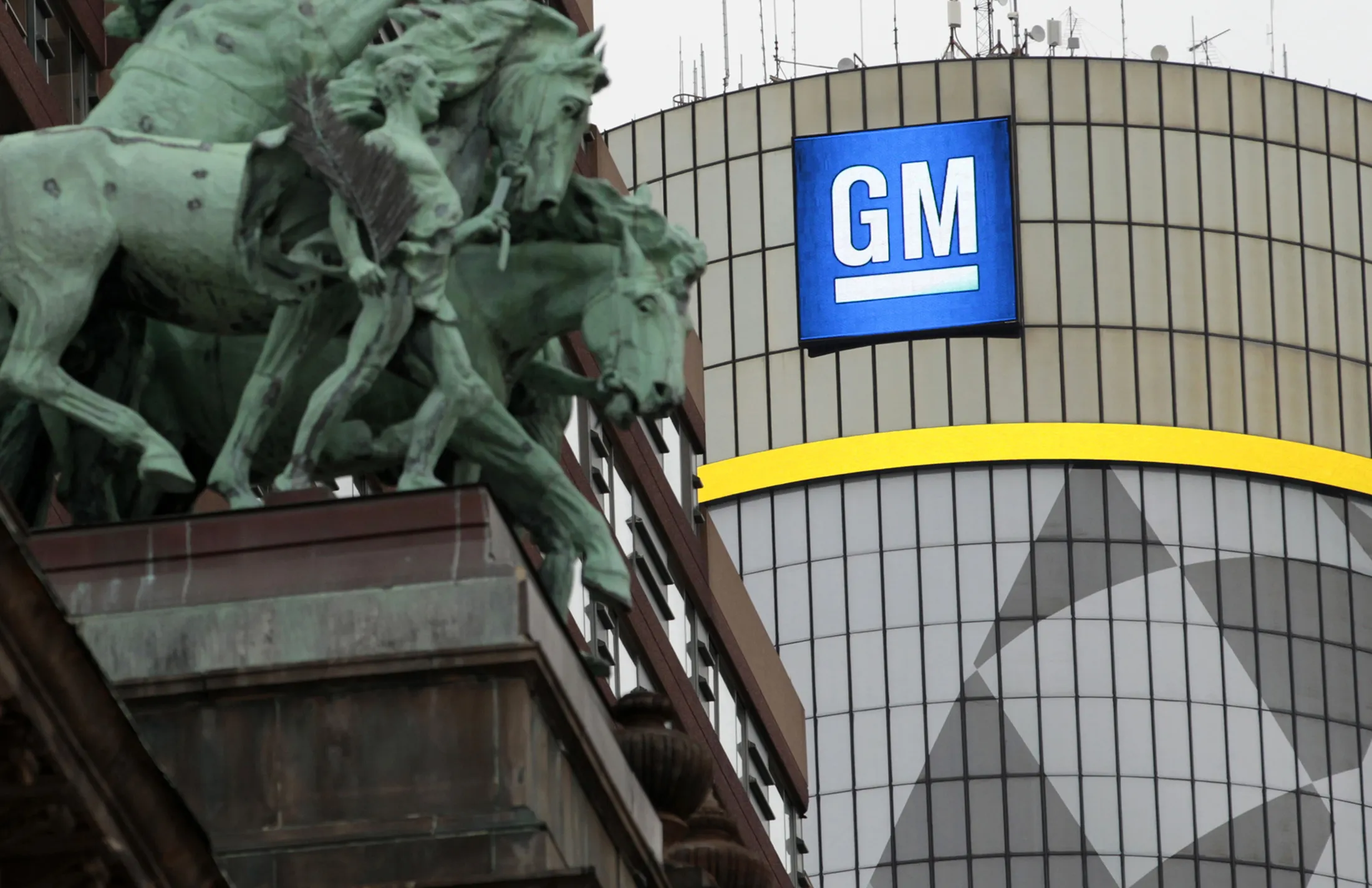 The Renaissance Center, center, the global headquarters of General Motors Co.&nbsp;stands in Detroit.