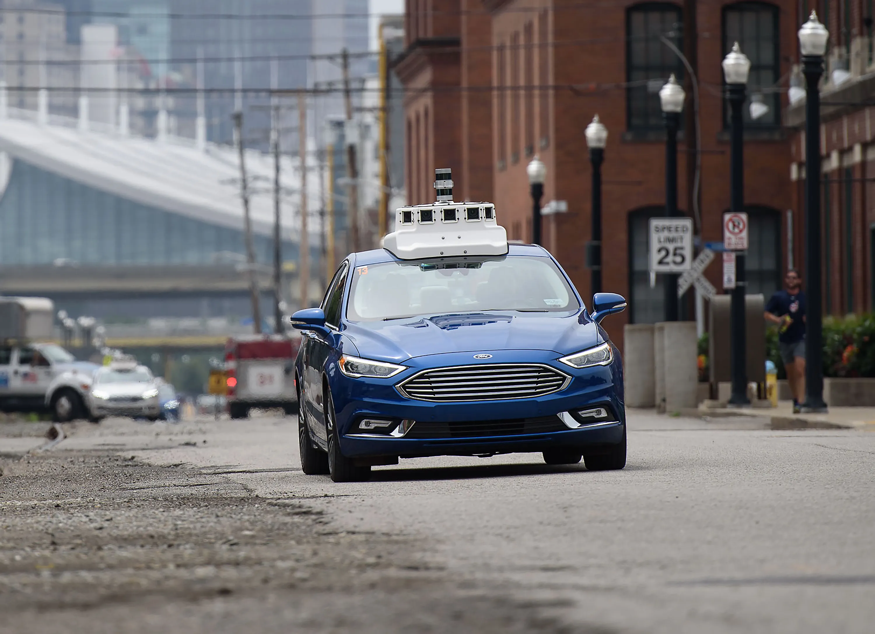 An Argo AI modified Ford Fusion autonomous vehicle in Pittsburgh, Pennsylvania.