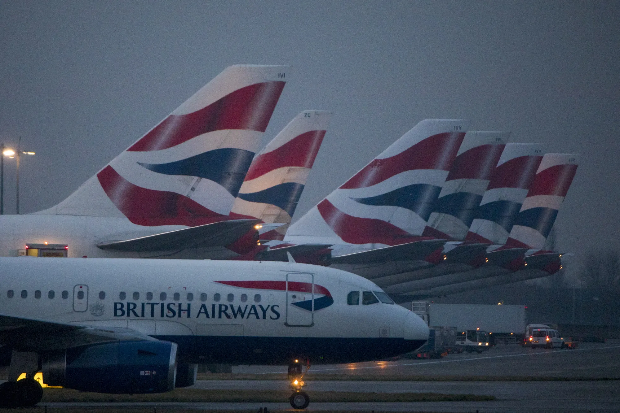 A passenger aircraft operated by British Airways at London Heathrow Airport in London.