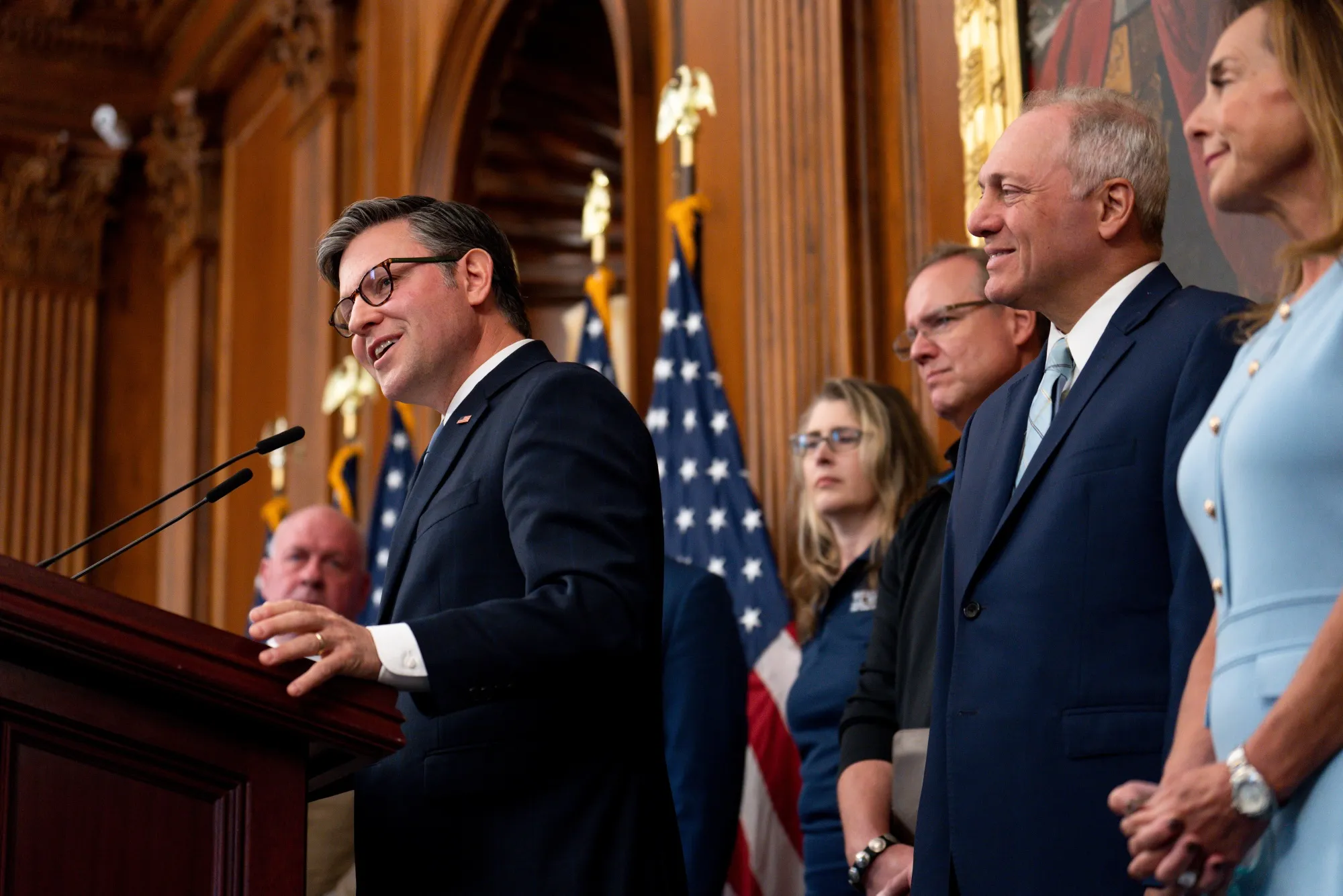 US House Speaker Mike Johnson, a Republican from Louisiana, left, speaks during a news conference at the US Capitol in Washington on Sept. 3.