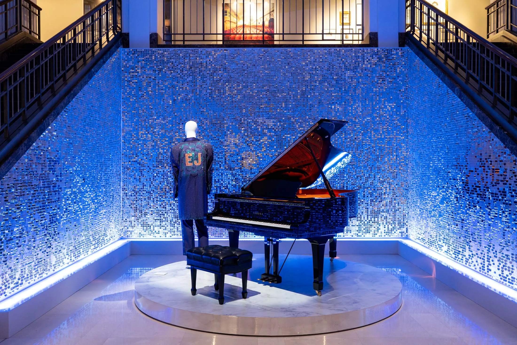 Elton John’s piano and jacket on display at Christie’s headquarters.