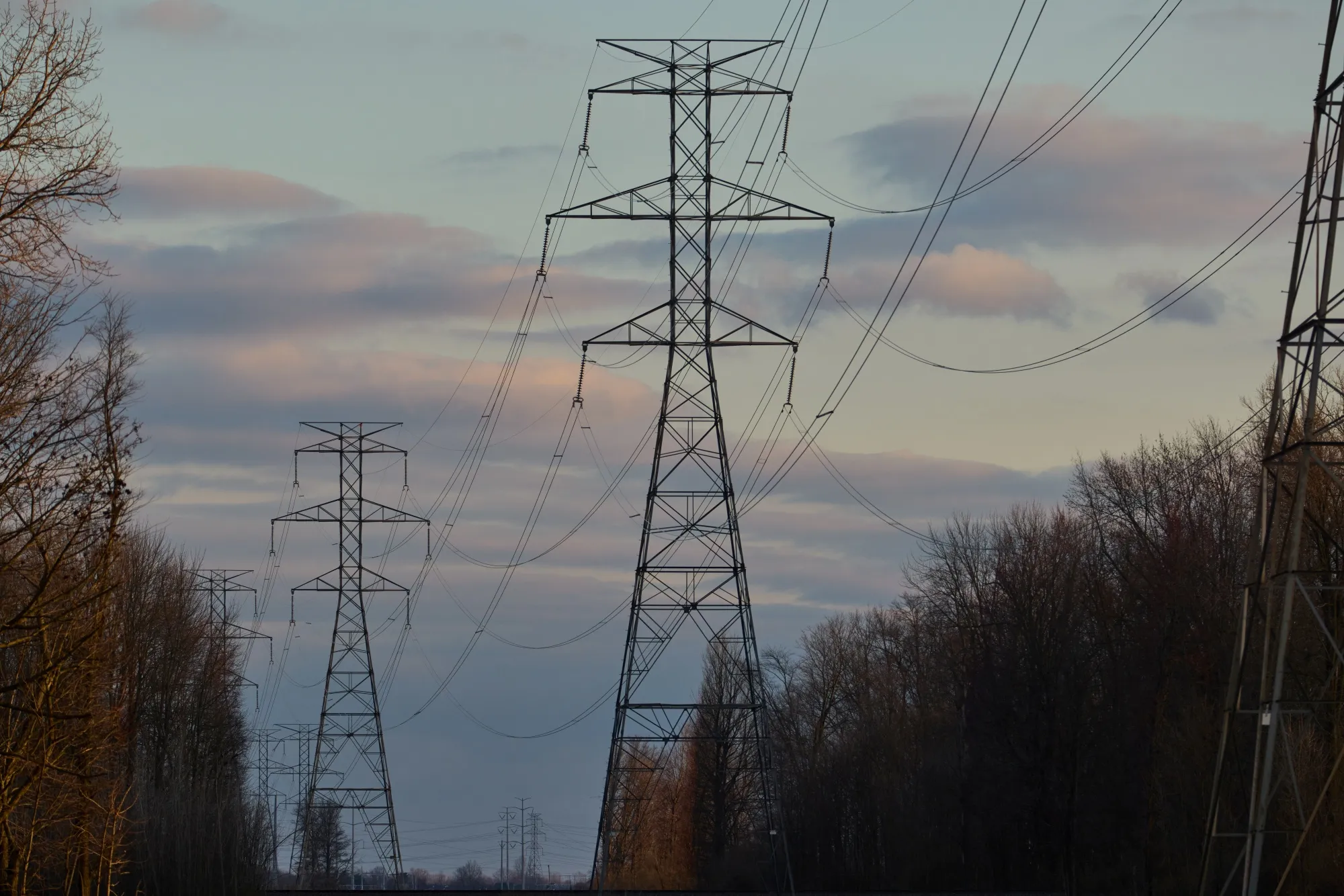 Transmission lines near an Amazon Web Services data center in Dublin, Ohio. Power demand from artificial intelligence is forecast to almost double in the next decade.