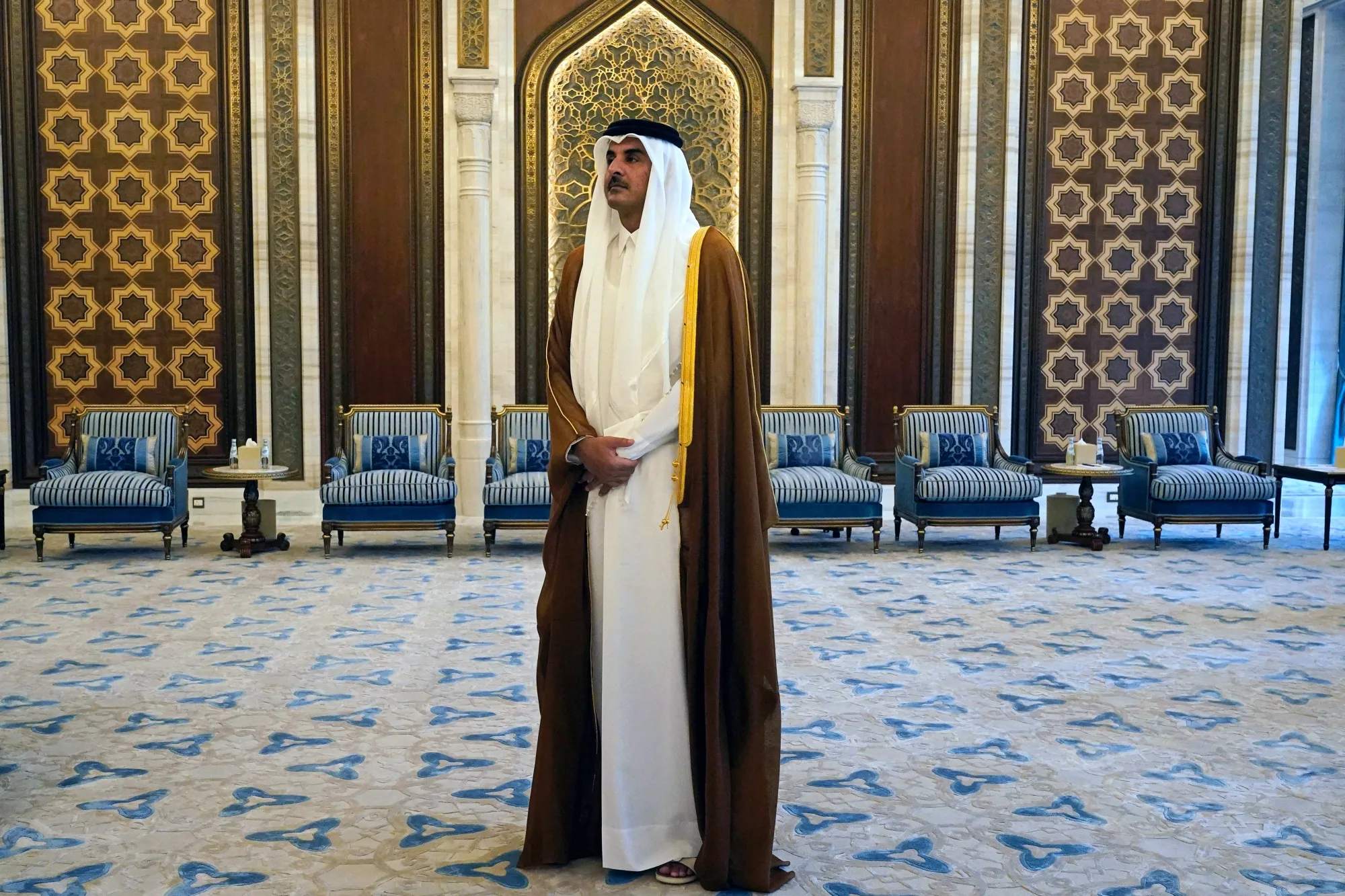 Qatar's Emir Sheikh Tamim bin Hamad Al Thani waits for the US Secretary of State Antony Blinken in Lusail, Qatar, on Oct. 13. 