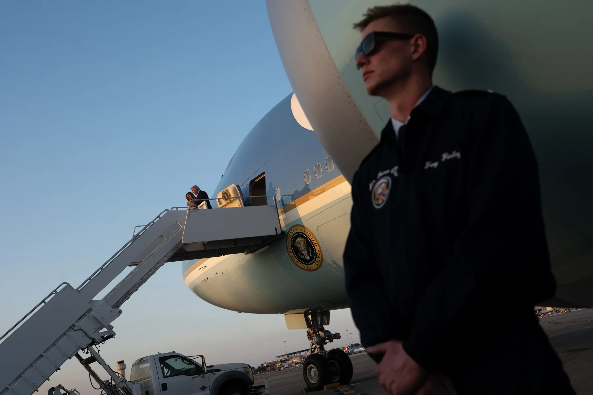 Donald and Melania Trump step off Air Force One at Palm Beach International Airport on Feb. 13.
