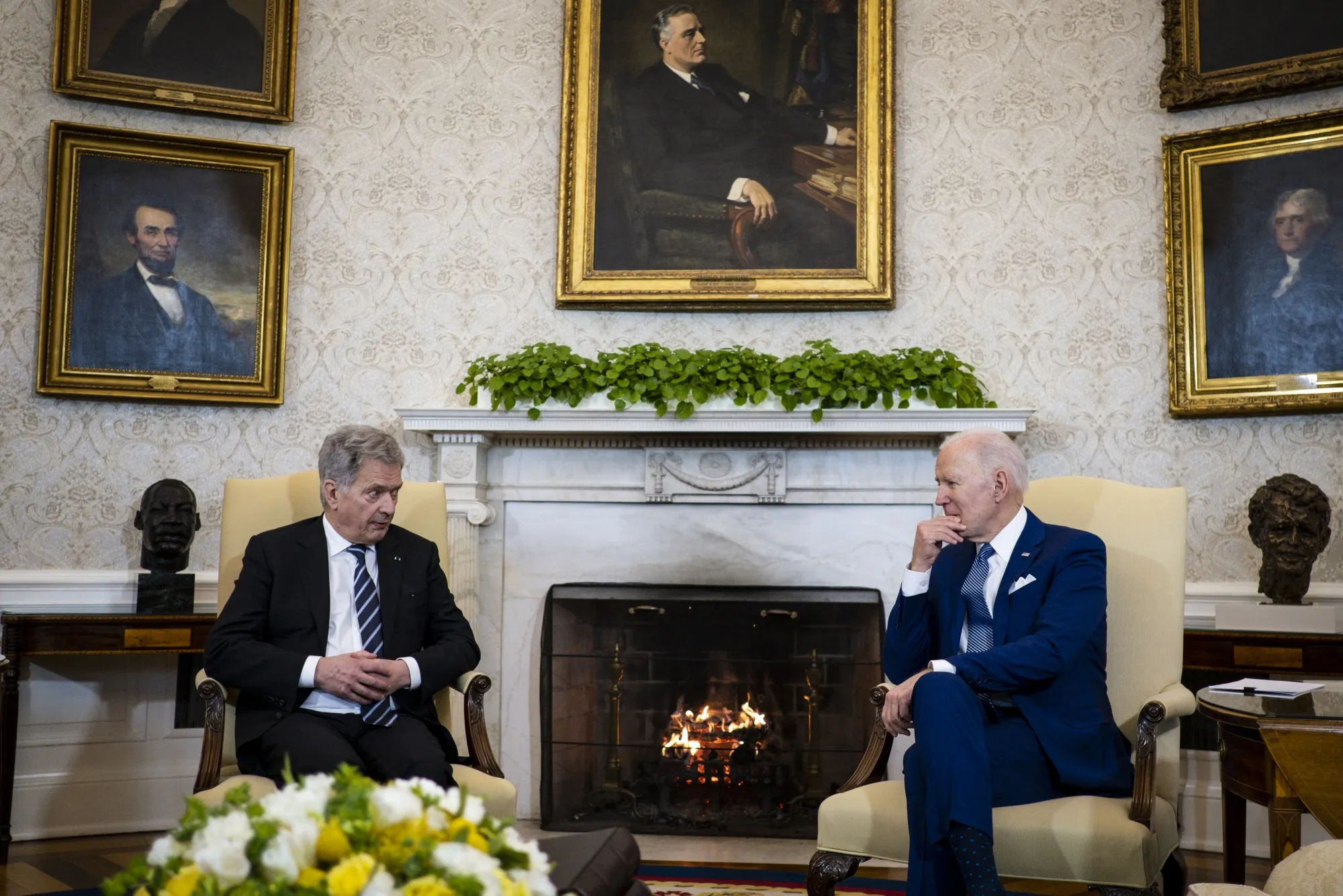 President Biden, right, meets with President Niinisto in the Oval Office of the White House on March 4.