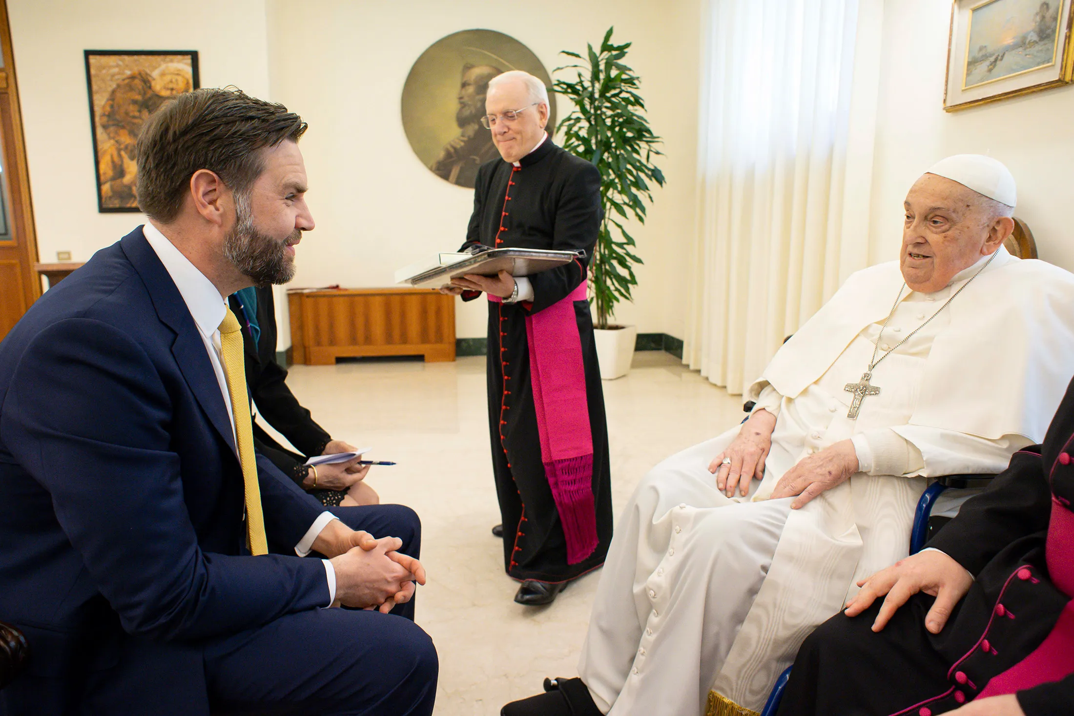 Pope Francis meets with US Vice President JD Vance during an audience at Casa Santa Marta in Vatican City on April 20.