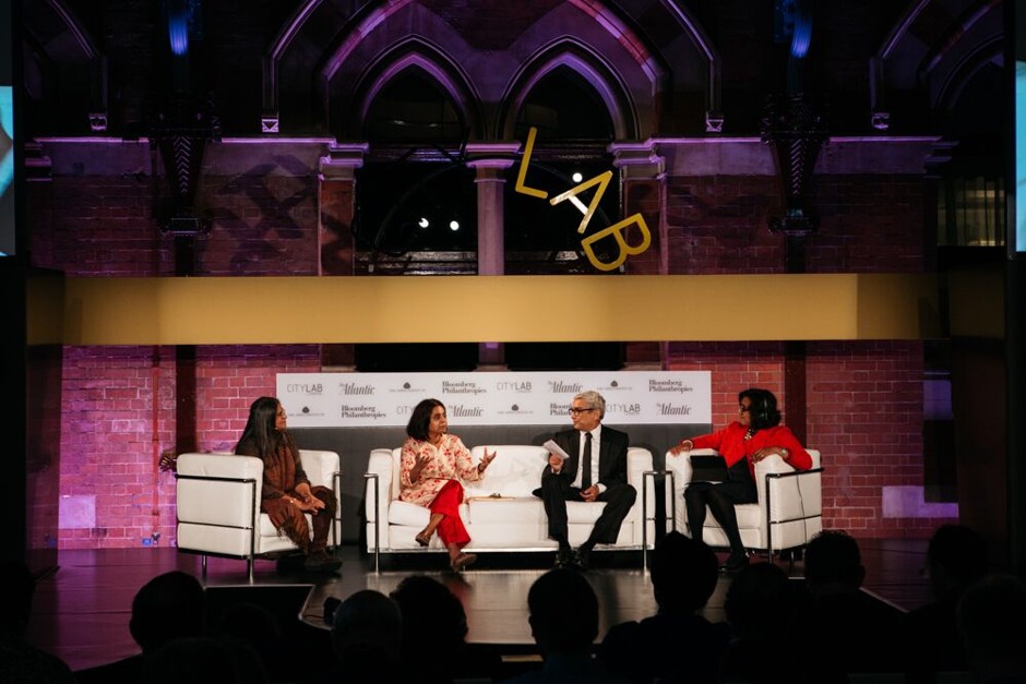 Left to right: SPARC's Sheela Patel, CSE's Sunita Narain, CEPT University's Bimal Patel, and moderator Ritula Shah speak at The Atlantic's CityLab 2015 conference in London.