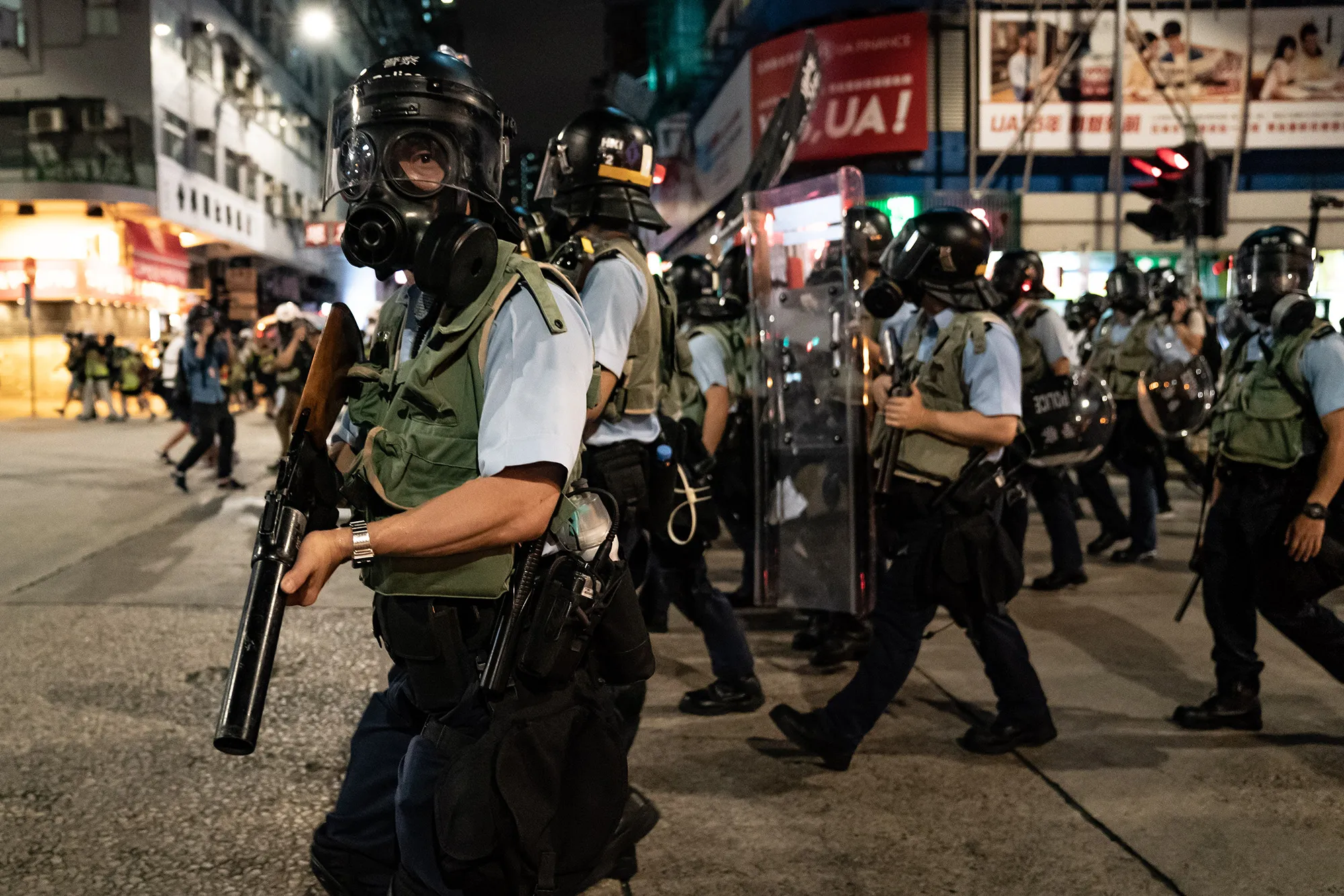 Police&nbsp;on a street during a demonstration&nbsp;in the Sham Shui Po district of&nbsp;Hong Kong on Aug. 14, 2019.
