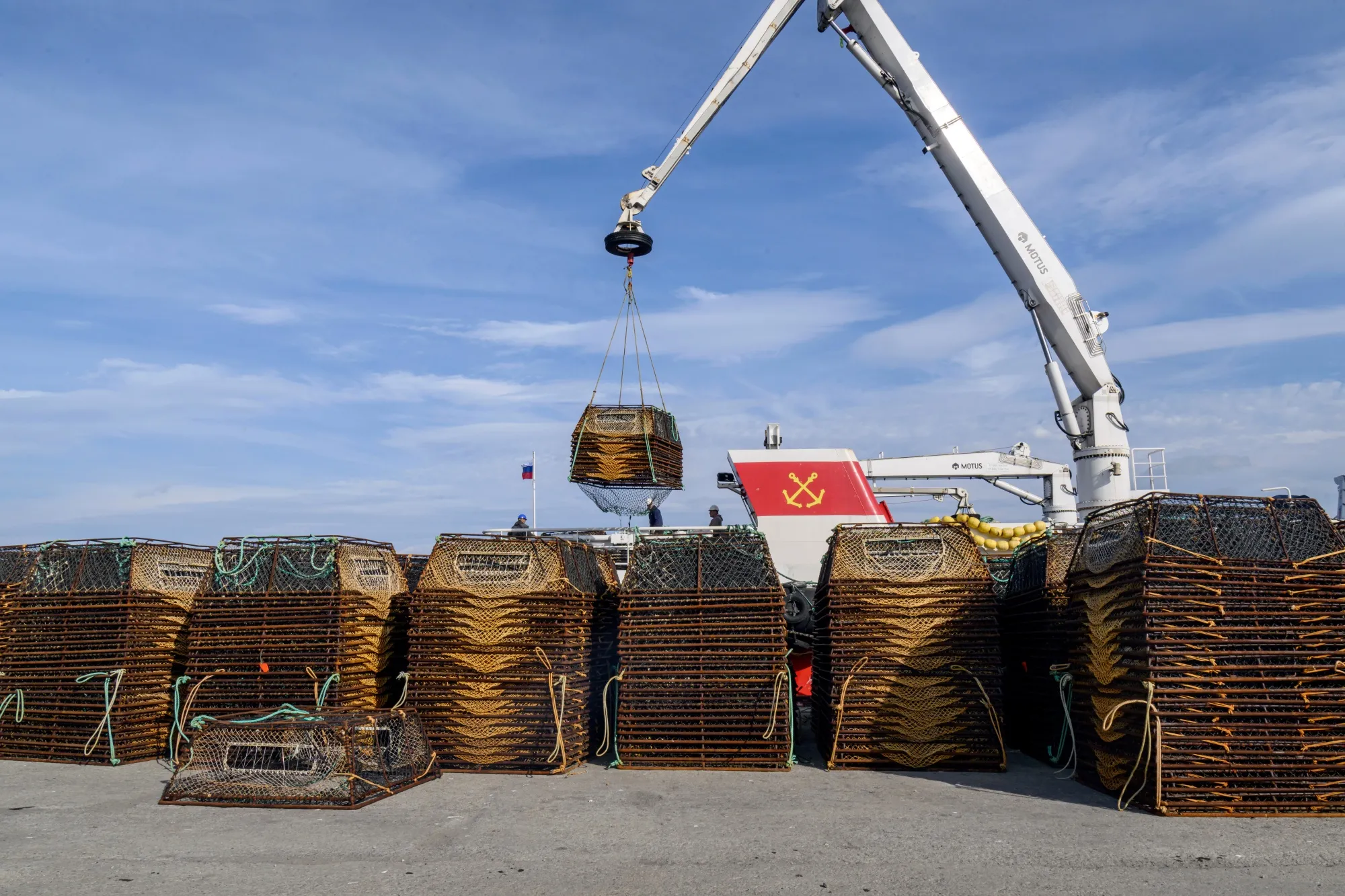 A Russian fishing boat at a harbor in Norway in August.