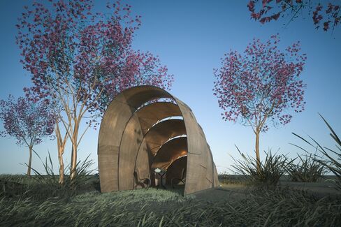 Designer Ron Arad's 12-foot-tall tea pavilion resembles a giant armadillo with five arching plywood shells.