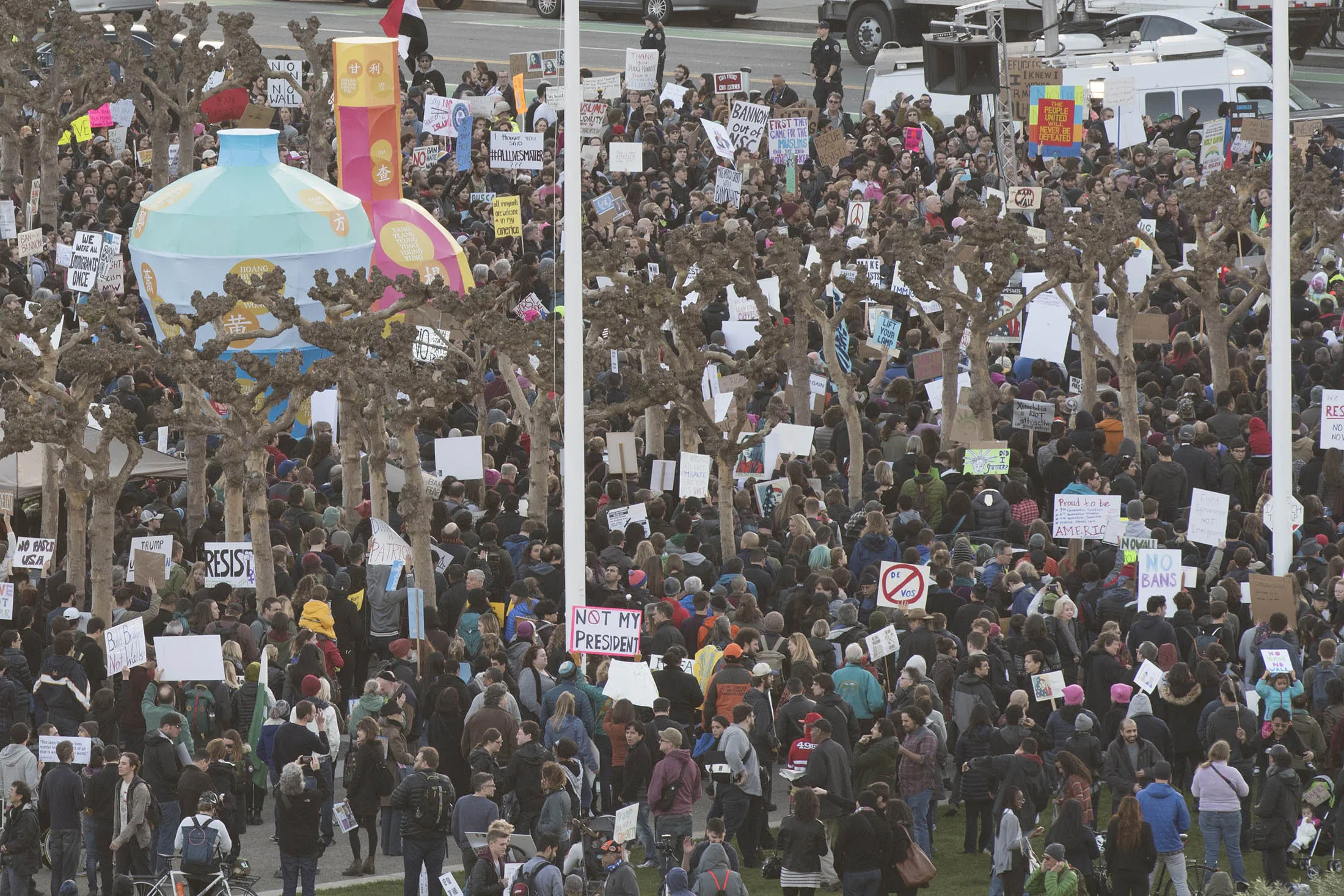 Crowds gathered in San Francisco in 2017 to protest then-President Donald Trump’s proposed Muslim travel ban.