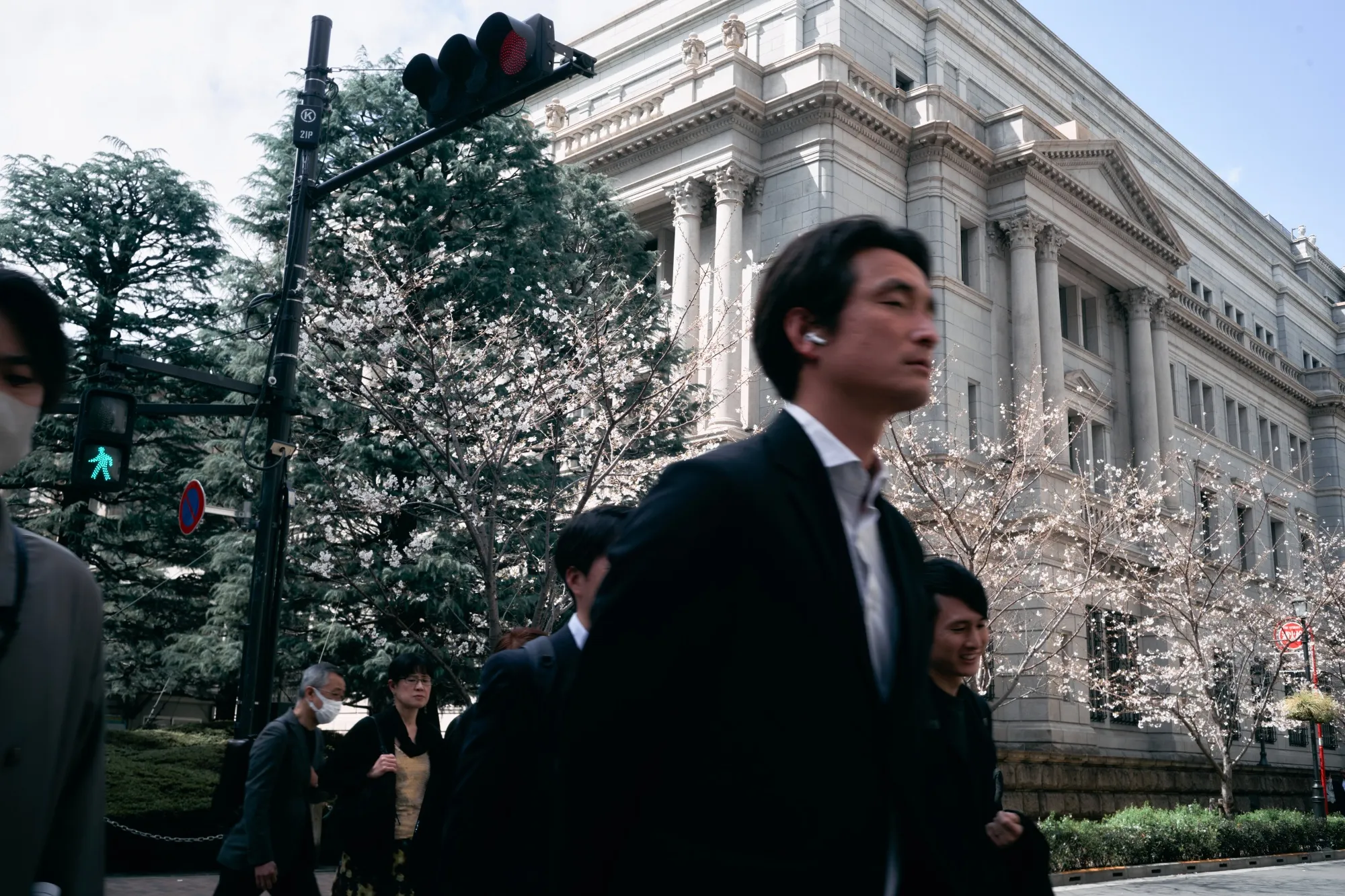 Cherry trees in bloom in front of the Bank of Japan headquarters.