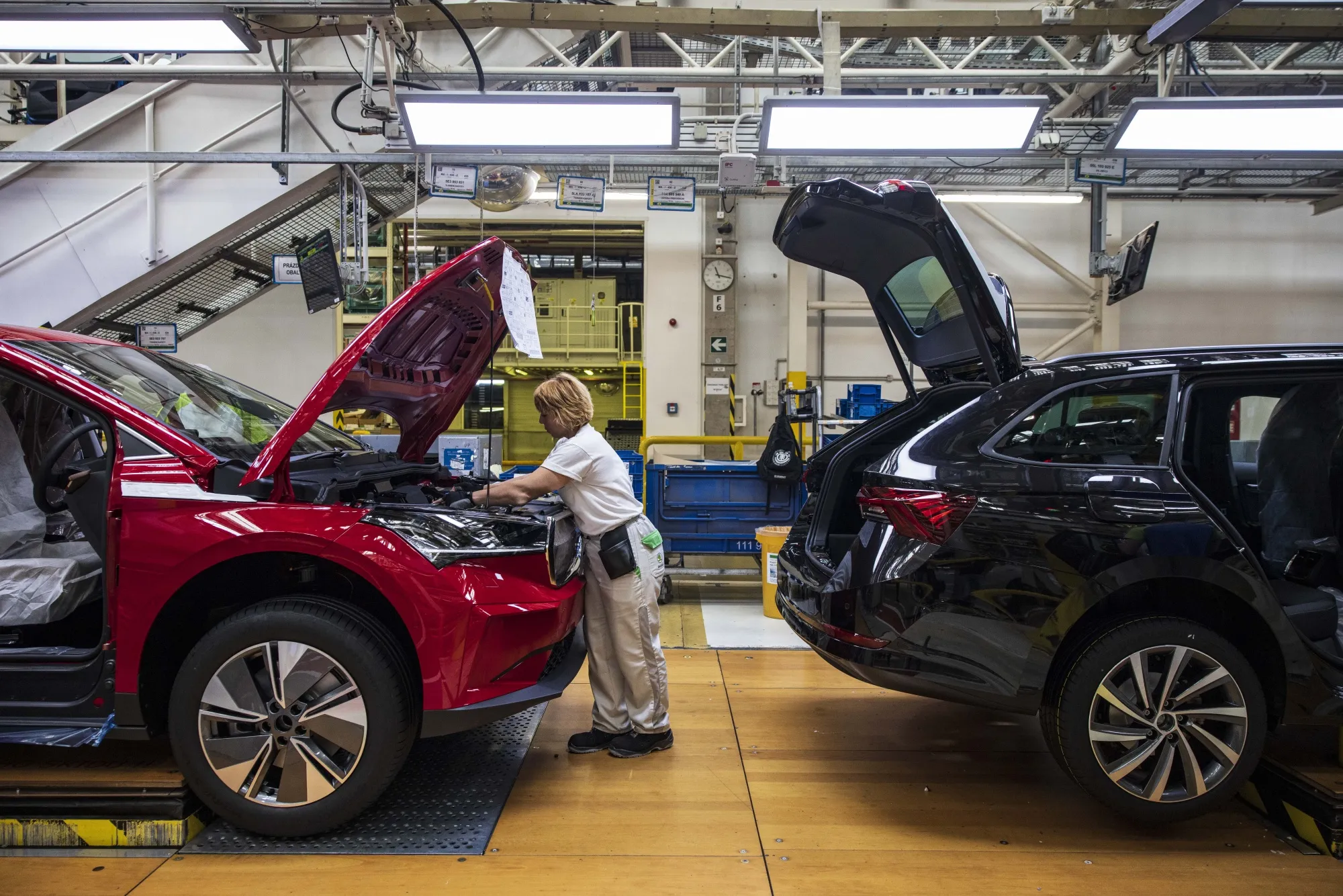 A worker on the production line at the Skoda Auto AS manufacturing plant in Mlada Boleslav, Czech Republic.