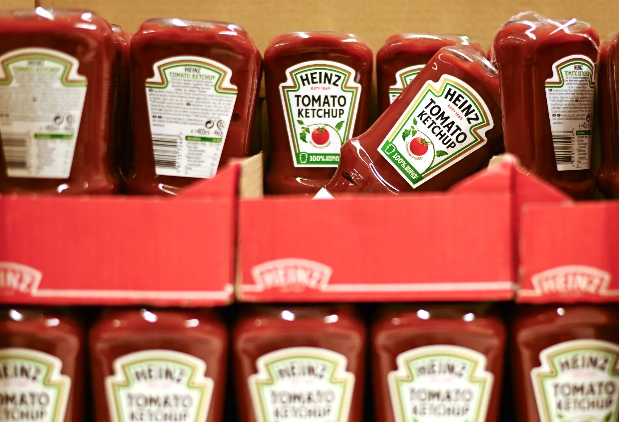 Bottles of The Kraft Heinz Co. ketchup in a supermarket.