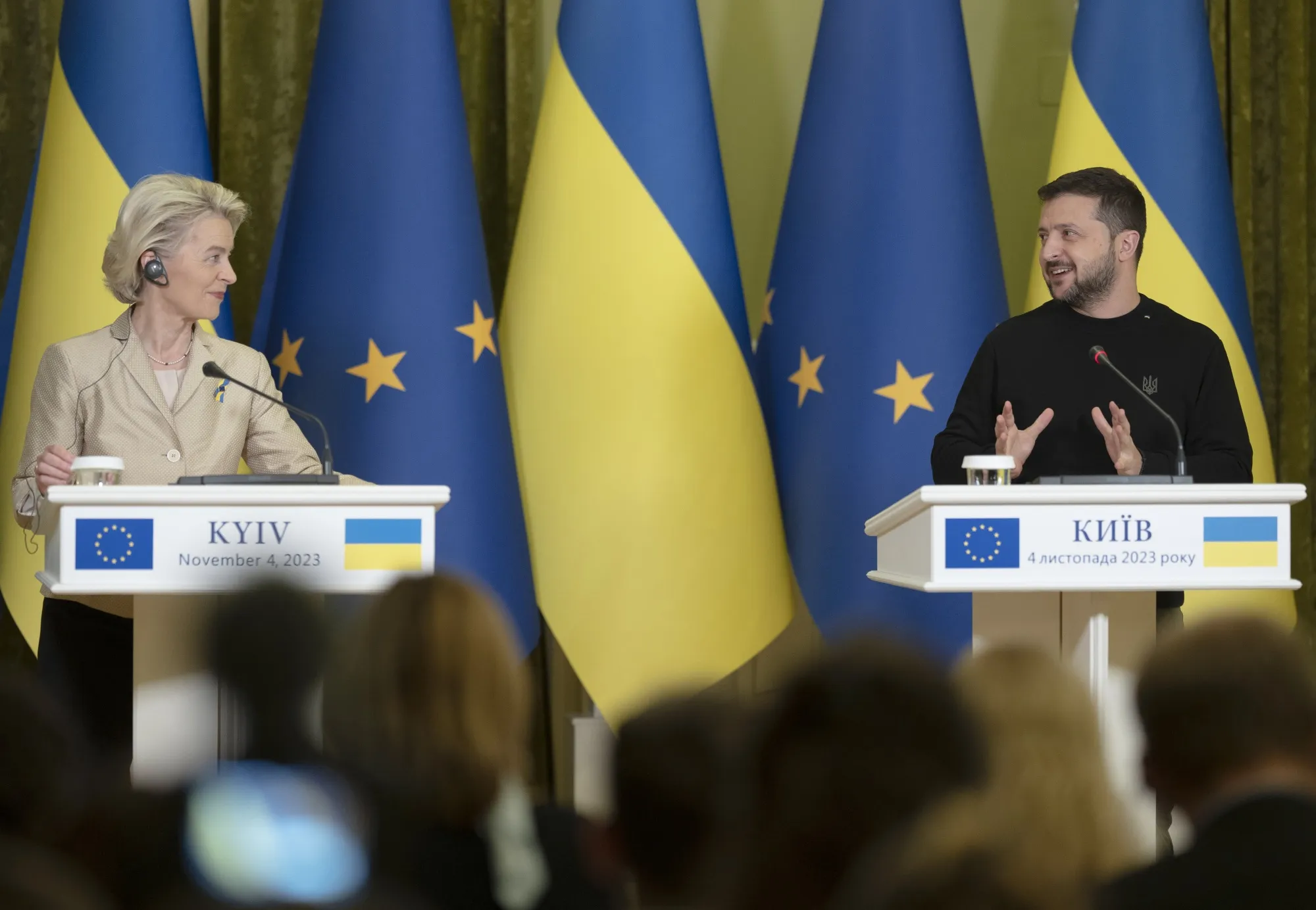 Ursula von der Leyen, president of the European Commission, left, and Volodymyr Zelenskiy, Ukraine's president, during a news conference in Kyiv on Nov. 4.