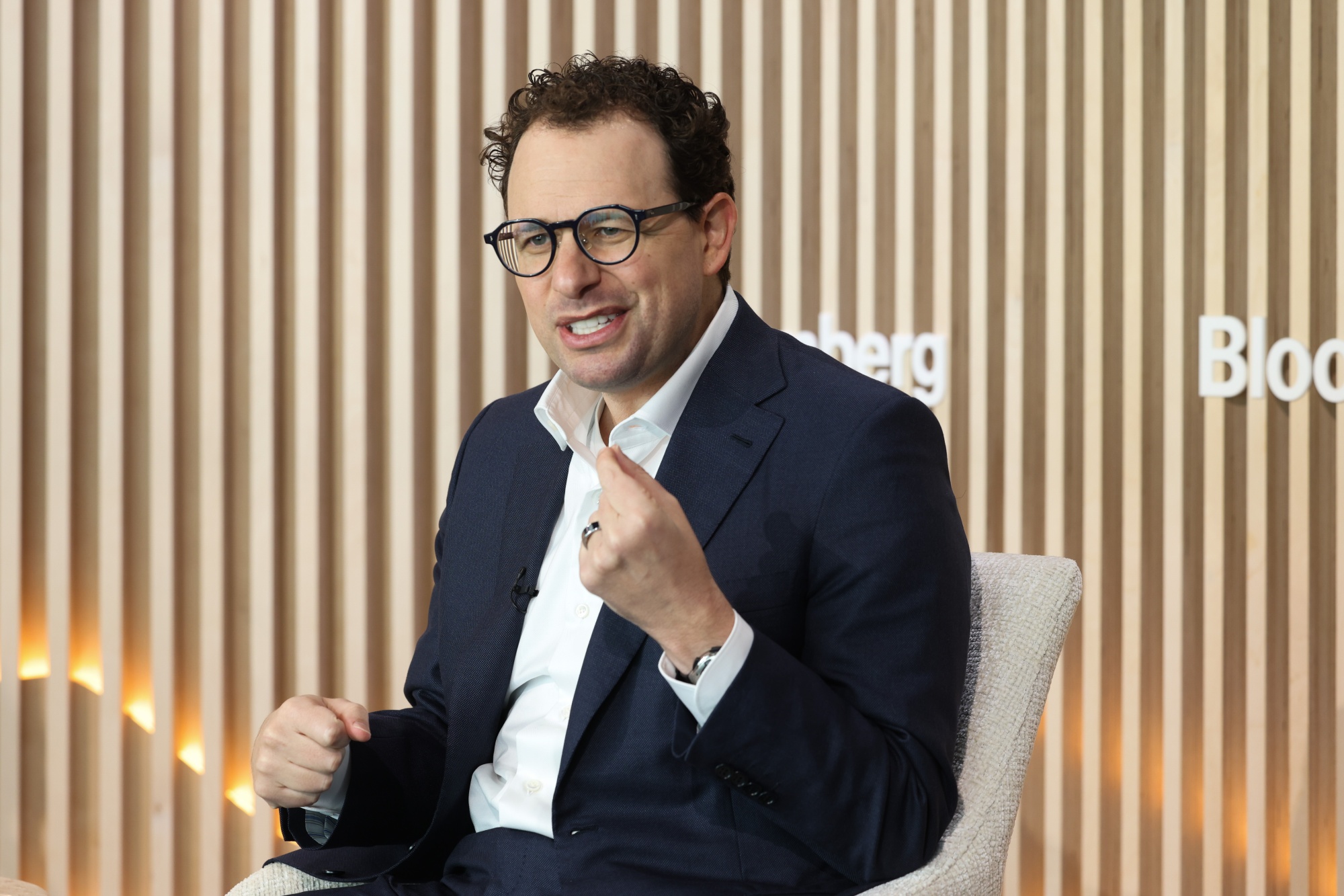 Dario Amodei, co-founder and chief executive officer of Anthropic, at Bloomberg House during the World Economic Forum (WEF) in Davos, Switzerland, on Tuesday, Jan. 20, 2026. The annual Davos gathering of political leaders, top executives and celebrities runs from Jan. 19-23.