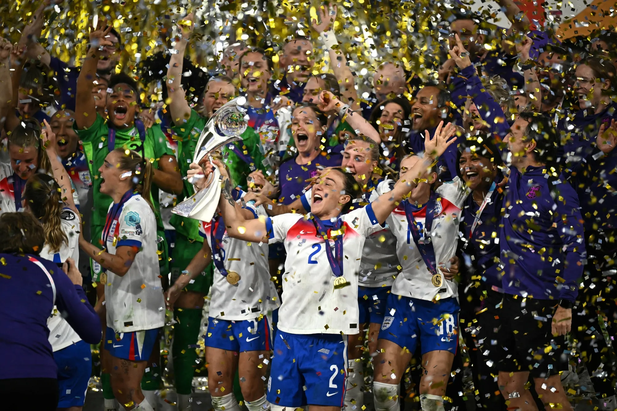 England's players, The Lionesses, celebrate winning the UEFA Women's Euro 2025 final football match between England and Spain in Basel, Switzerland on July 27, 2025.