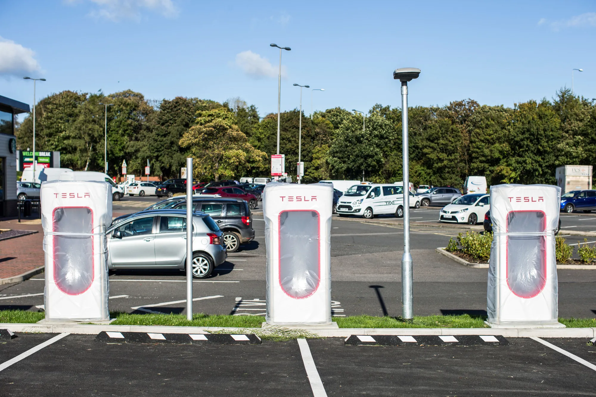 Fast charging stations for Tesla Inc. cars in the UK.