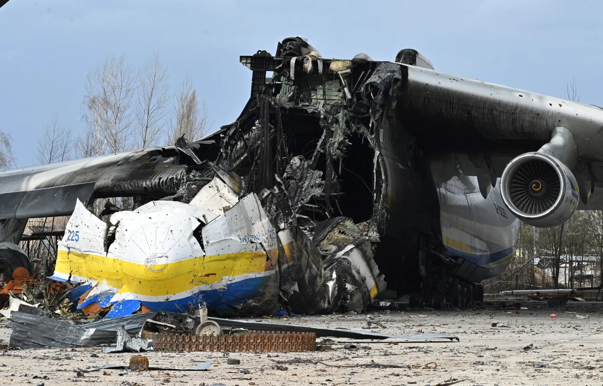 The Antonov An-225 Mriya cargo aircraft after it was destroyed by Russian forces in April.