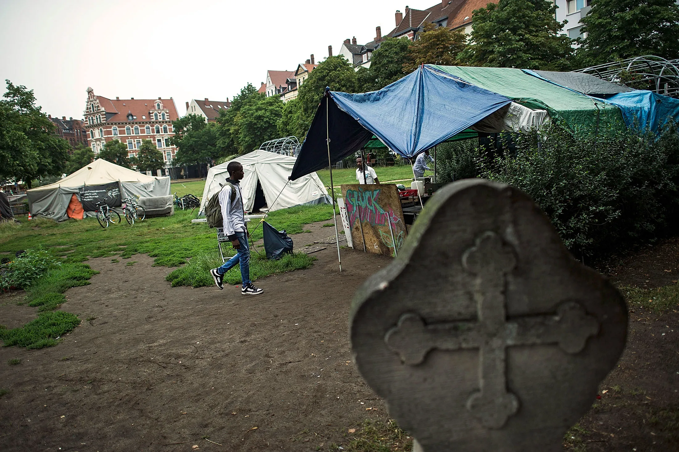 Sudanese refugees at a camp at Weissekreuzplatz in Hanover, Germany, on Aug. 17, 2015.
