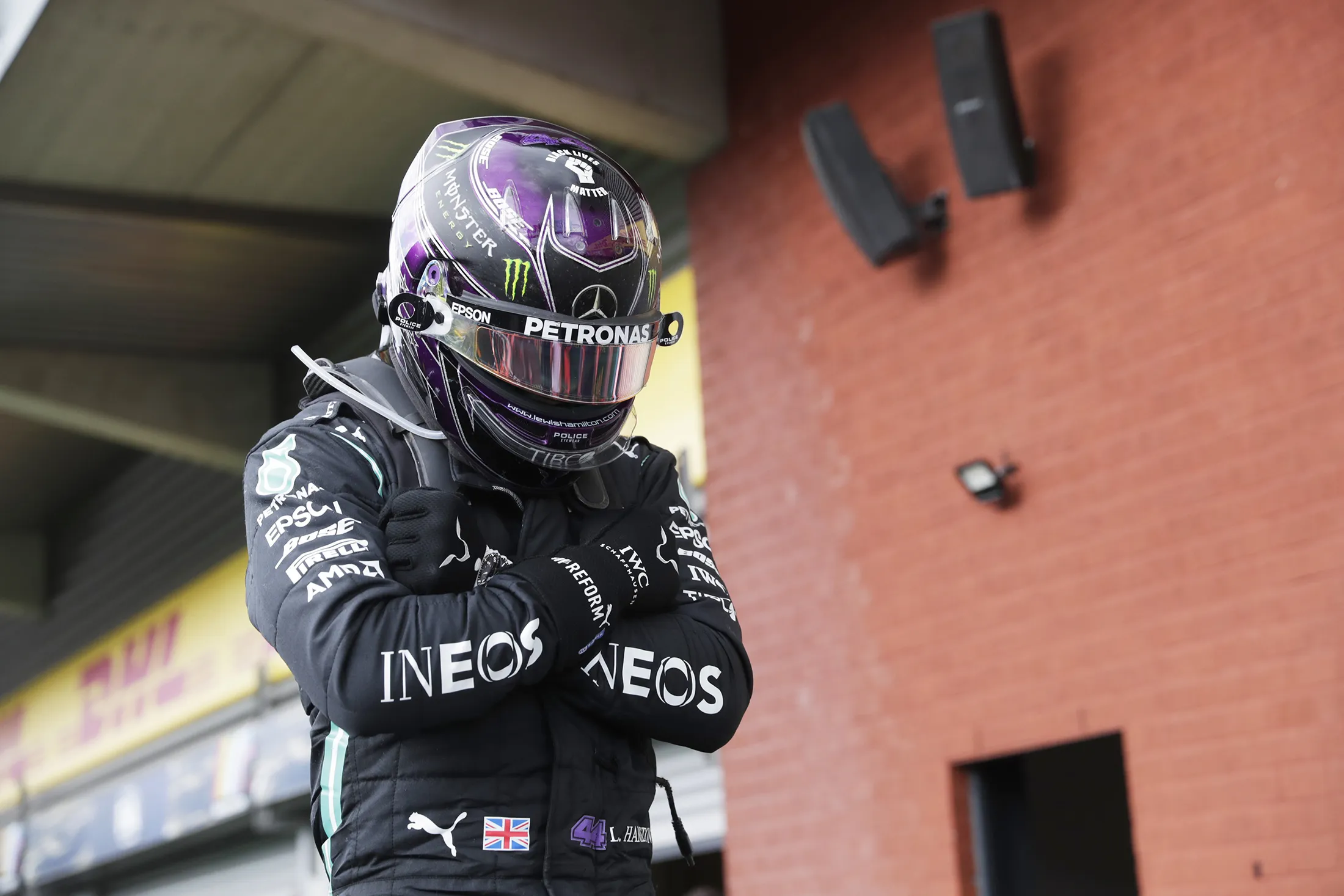 Lewis Hamilton celebrates in parc ferme during the F1 Grand Prix of Belgium at Circuit de Spa-Francorchamps on Aug.&nbsp;30.