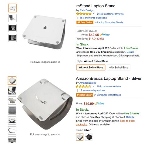 An aluminum laptop stand from Rain Design Inc., top, and an Amazon laptop stand, sold under its Amazon Basics brand.